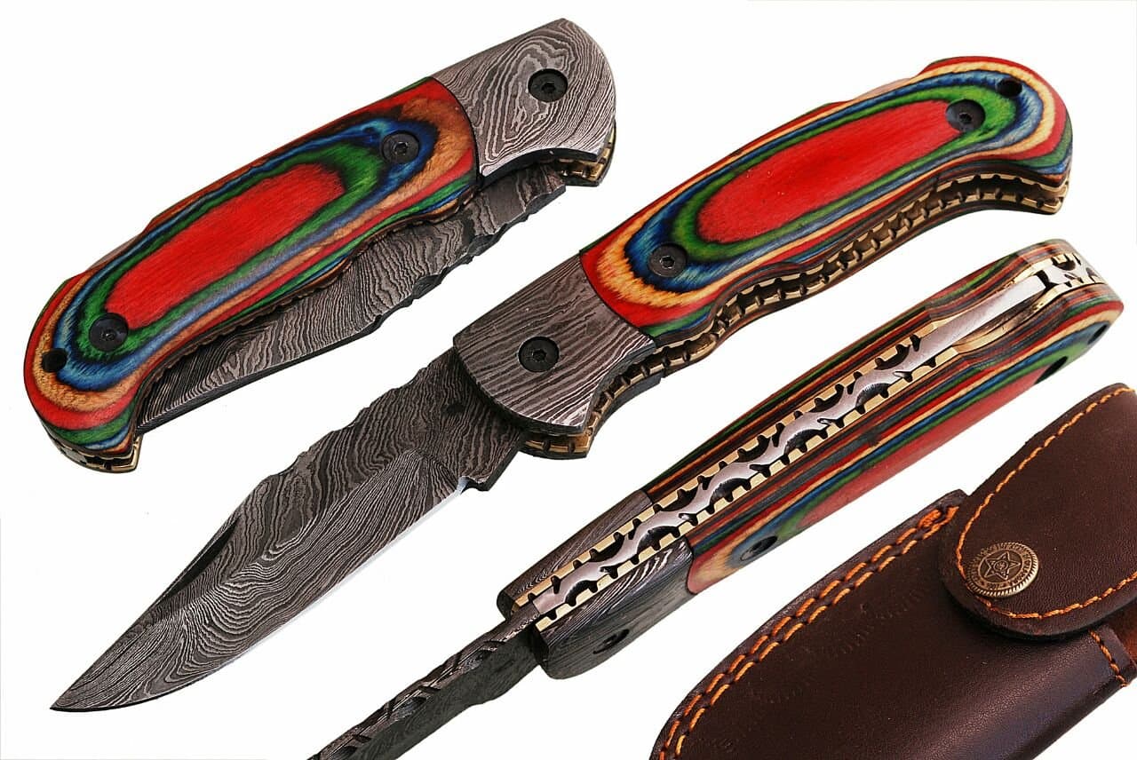 Custom Damascus Pocket Knife Ideal Folding Knife Unique Design with Leather Sheath TJ107 (Colored Wood)