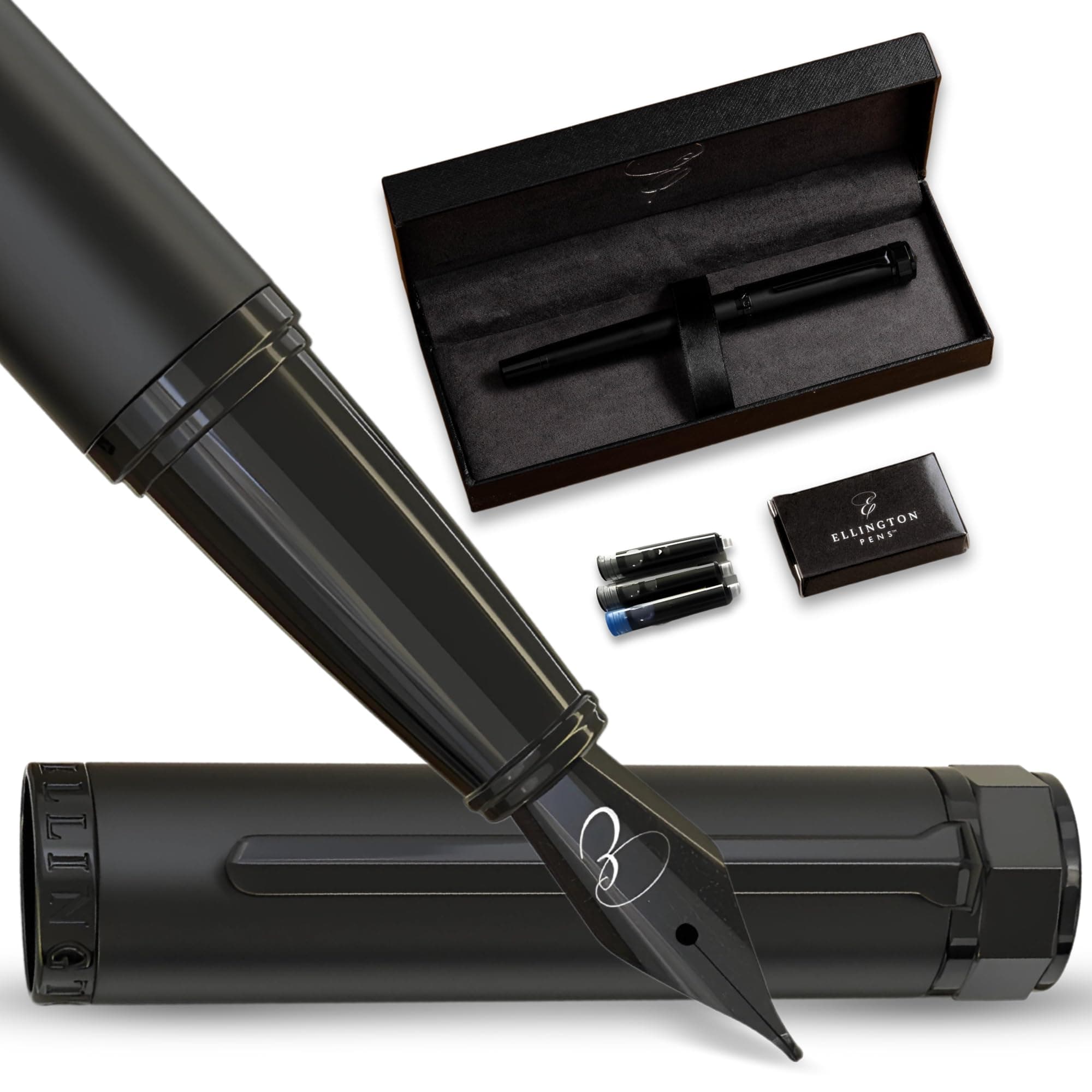 Ellington Pens Luxury Fountain Pen Set for Writing - Smooth Medium Nib - Includes Refillable Ink Converter, 3 Ink Cartridges [Black & Blue], Gift Box - Elegant Calligraphy