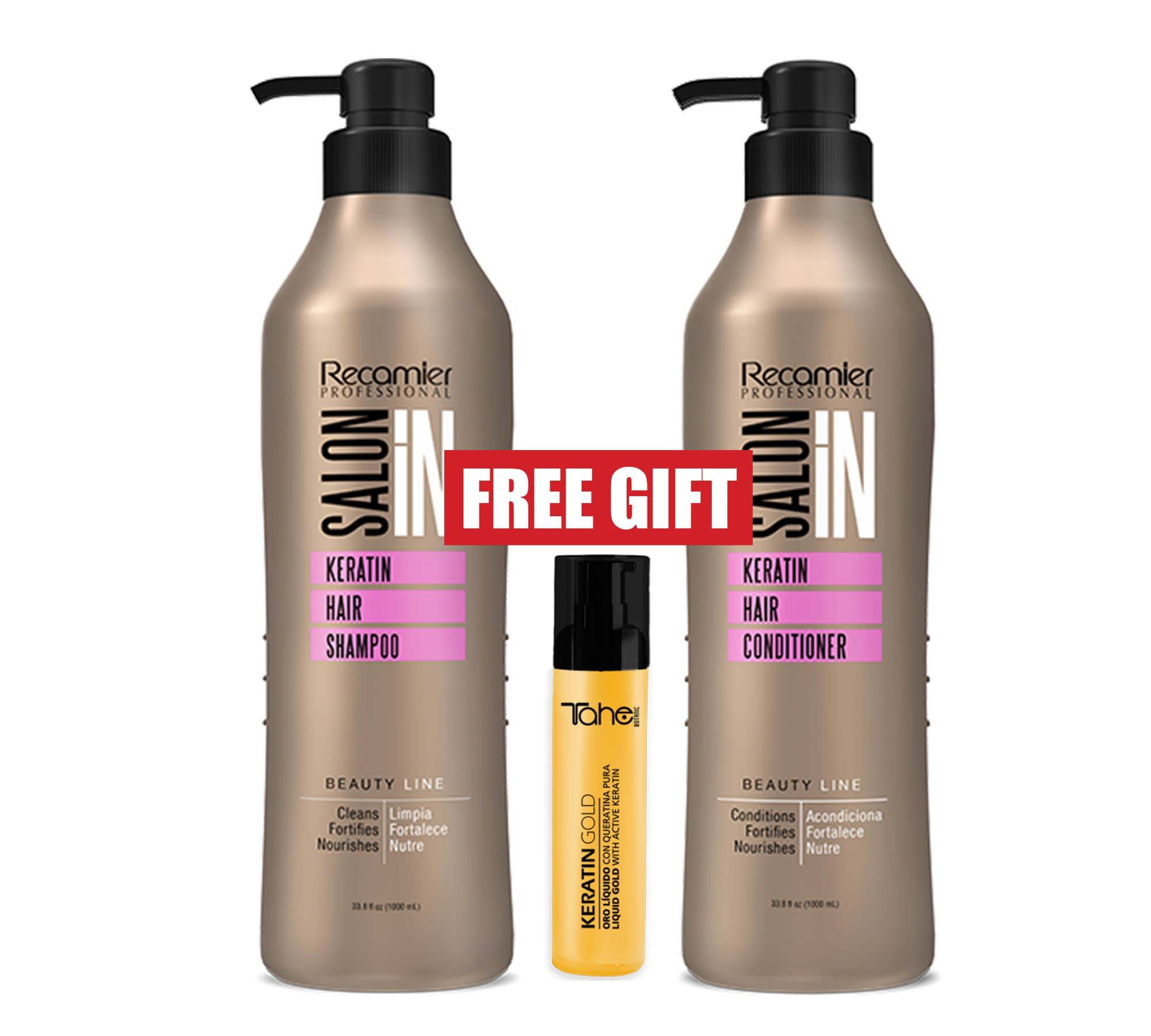 RECAMIER Professional Salon In Keratin Shampoo 1000ml + Conditioner 1000ml + TAHE KERATIN GOLD SERUM 30ml