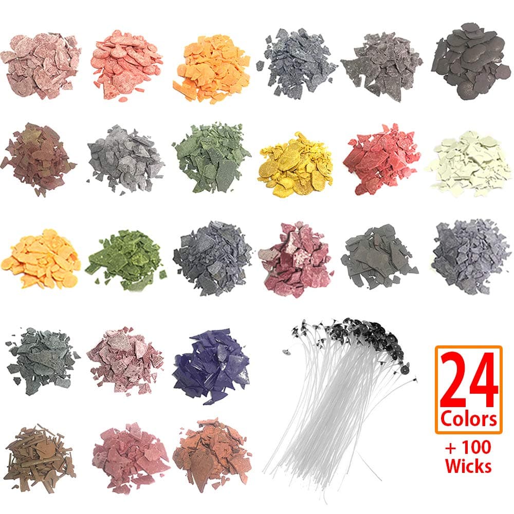 SthAbt - 24 Color Candle Dye Natural Soy Candle Wax Chips Kit DIY Scented Dipped Candle Coloring Supplies with 100 Wicks 0.1oz Each