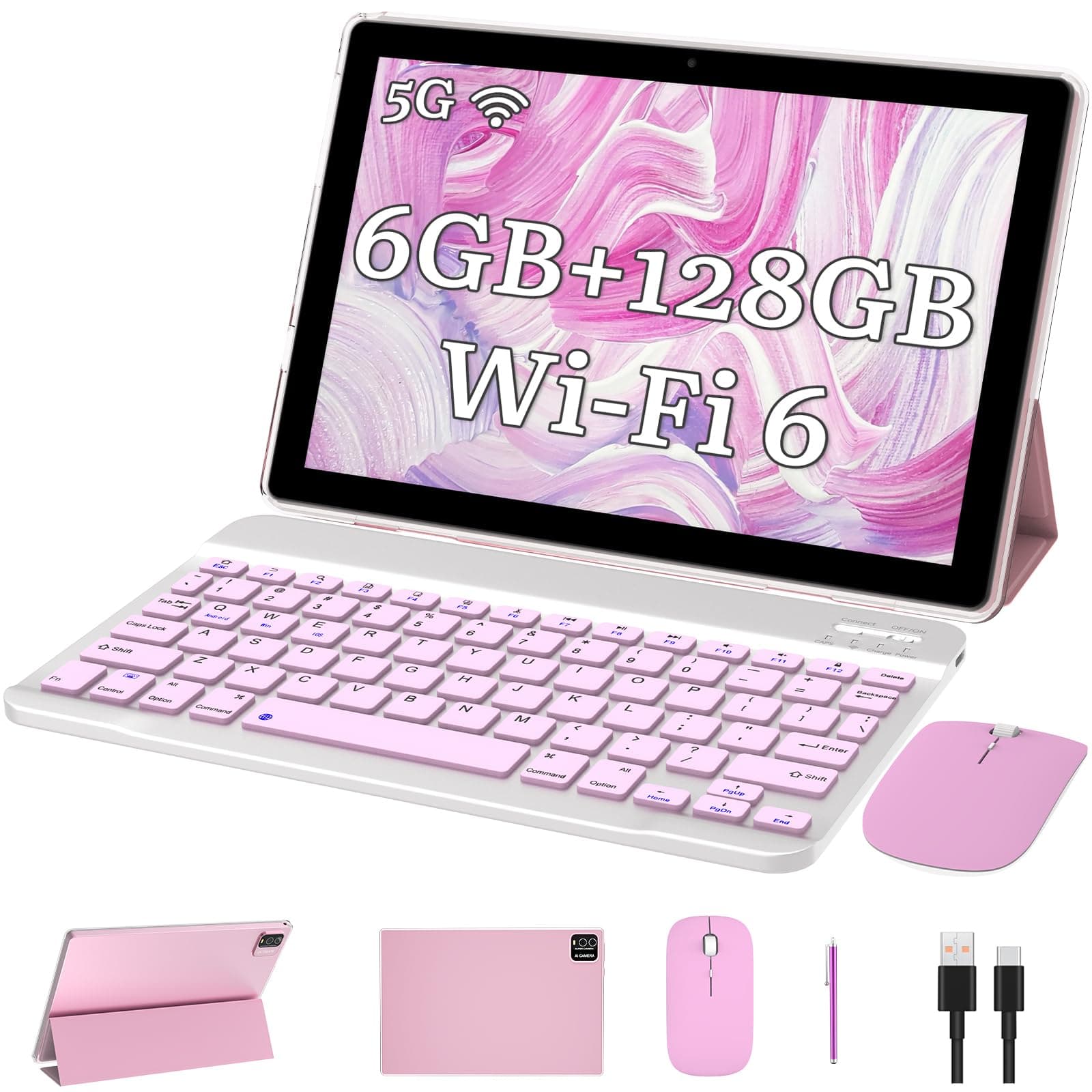 NOVOJOY 2 in1 Tablet with Keyboard Android Tablet 10 Inch Tablets, Include Mouse Case Stylus 5G-WiFi WiFi-6 128GB ROM+6GB RAM 10 in IPS 2MP+8MP Dual Camera 6000mAh Battery 10.1" FHD Android Tab