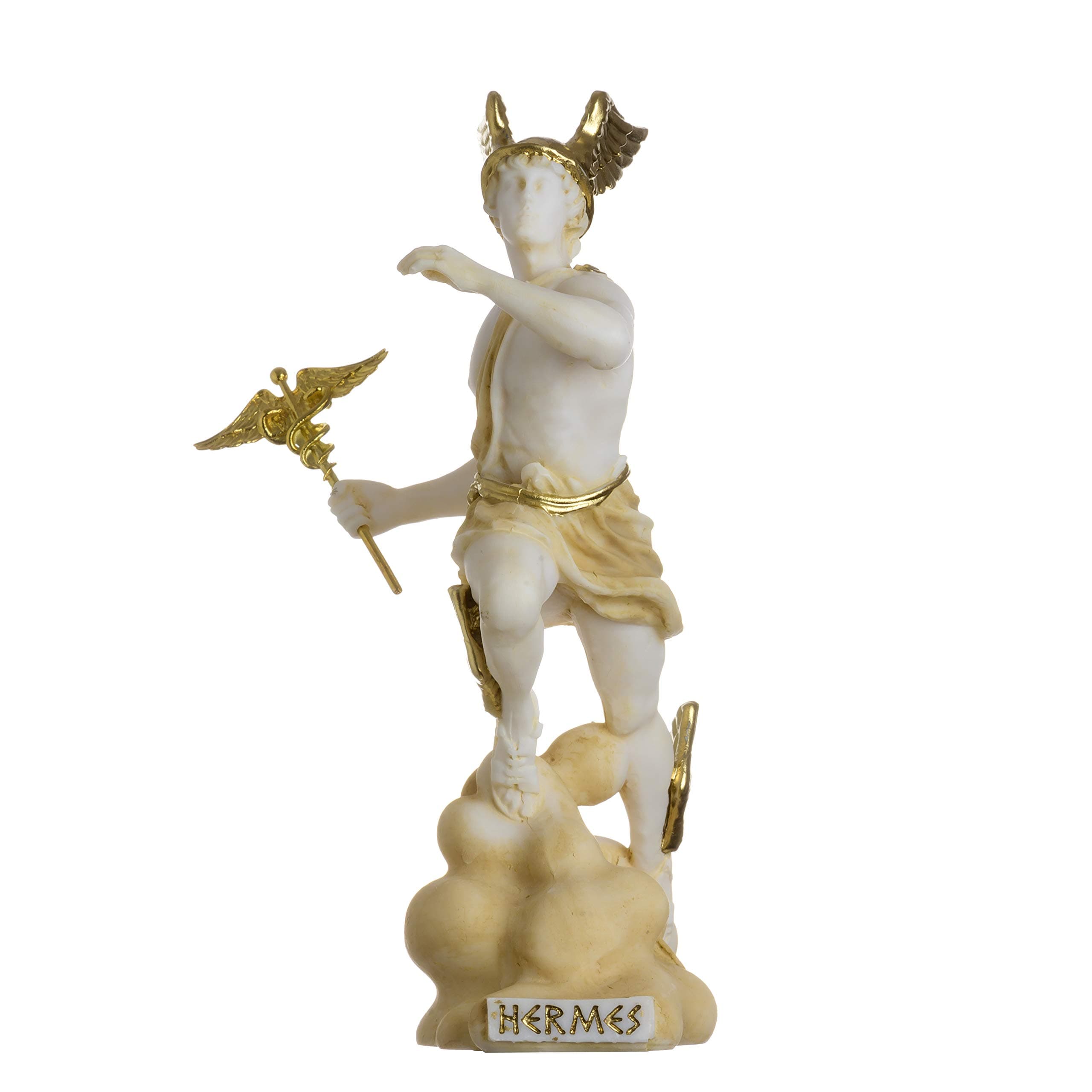 BeautifulGreekStatues Hermes Mercury God Zeus Son Roman Statue Alabaster Gold Tone 6.69"
