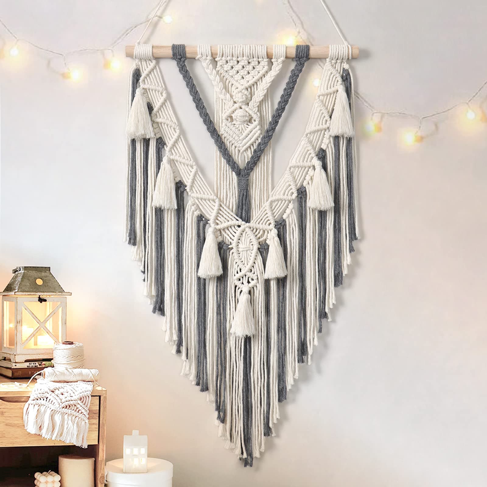 Boho Macrame Wall Hanging Geometric Woven Tapestry Beige & Grey Cotton Handmade Bohemian Art with Tassel Craft Ornament for Bedroom Living Room Apartment Nursery