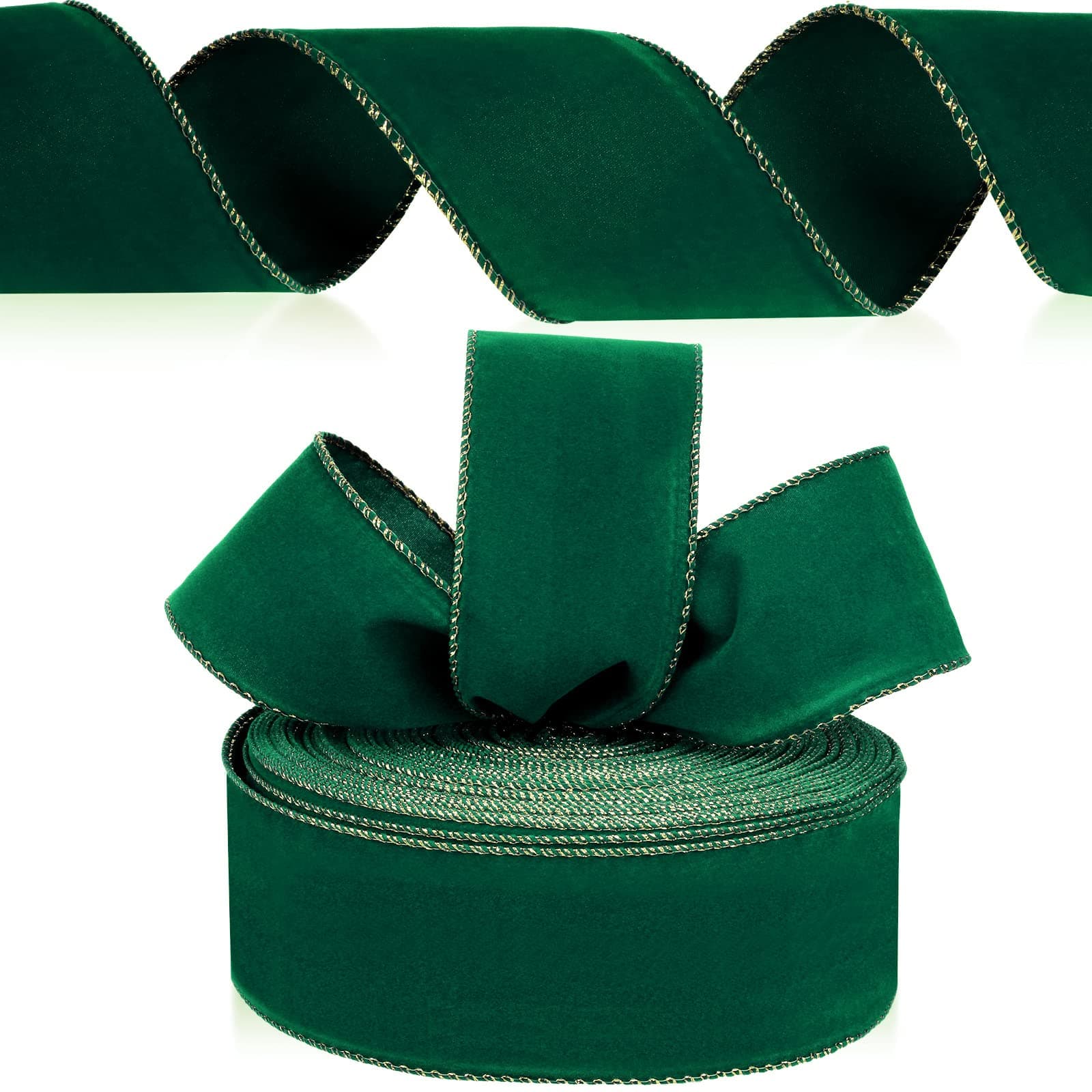 Yungyan Velvet Ribbons with Gold Edge Felt Ribbon Gift Bow Wrapping Ribbon Waterproof for Handmade, Home Decor, Gift Wrapping, Wreath DIY Crafts, Christmas Tree(Green,2.5 Inch X 60 Yards)