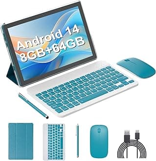 Android 14 Tablet 2 in 1 Tablets 10 Inch Tablet with Keyboard Mouse Case Protective Stylus 10.1" Tab 8GB+64GB Support 1TB Expansion 2MP+8MP Dual Camera 6000mAh Battery Bluetooth WIFI-6 Android Tableta