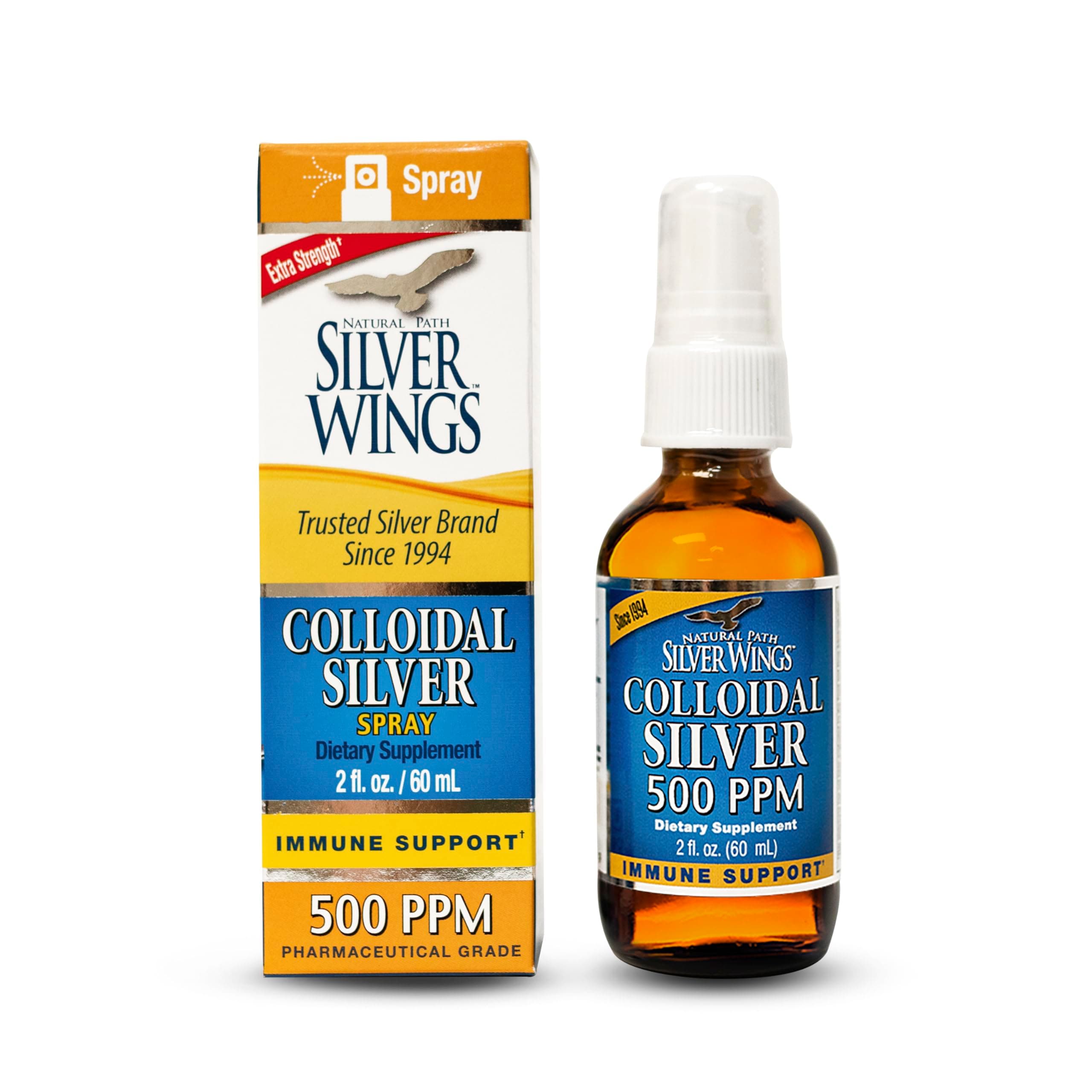 Natural Path Silver Wings Colloidal Silver - Extra Strength Liquid Immune Support Supplement- - 500ppm (2500mcg) - 2oz Spray