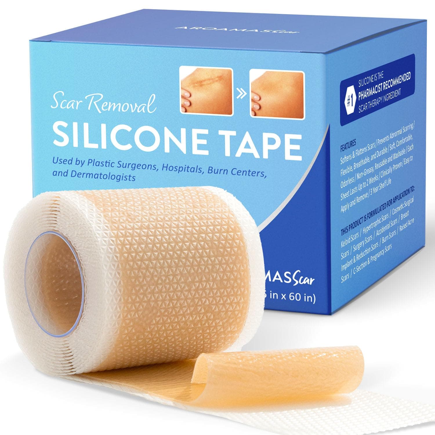 Silicone Scar Sheets Silicone Scar Tape 1.6x60 for Softening and Flattening Scars, C-Section, Keloid Surgery, Painless Removal, Reusable, Washable, 6-8 Month Supply