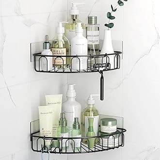 Orimade Corner Shower Caddy with 2 Hooks Wall Mounted Metal Bathroom Shelf Storage Organizer Adhesive No Drilling 2 Pack, Black Only for 90-Degree Corner