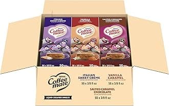 Creamer Singles Variety Pack, Italian Sweet Creme, Salted Caramel Chocolate, Vanilla Caramel Non Dairy, No Refrigeration, 0.375 fl oz Tubs, 150 Count (Pack of 50 Per Flavor)