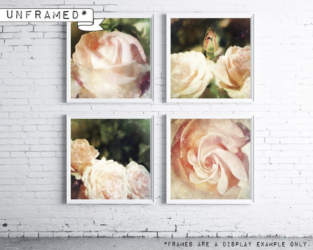 Pink rose photography set - Flower prints - Rose wall art - Set of four photos