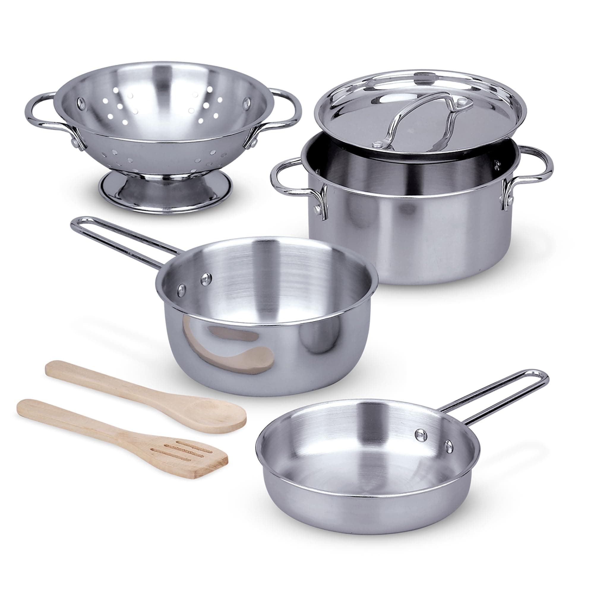 Stainless Steel Pots & Pans, 8 Piece Play Kitchen Set, Premium Play Kitchen Accessories & Cooking Utensils, Preschool Toys for Kids 3+
