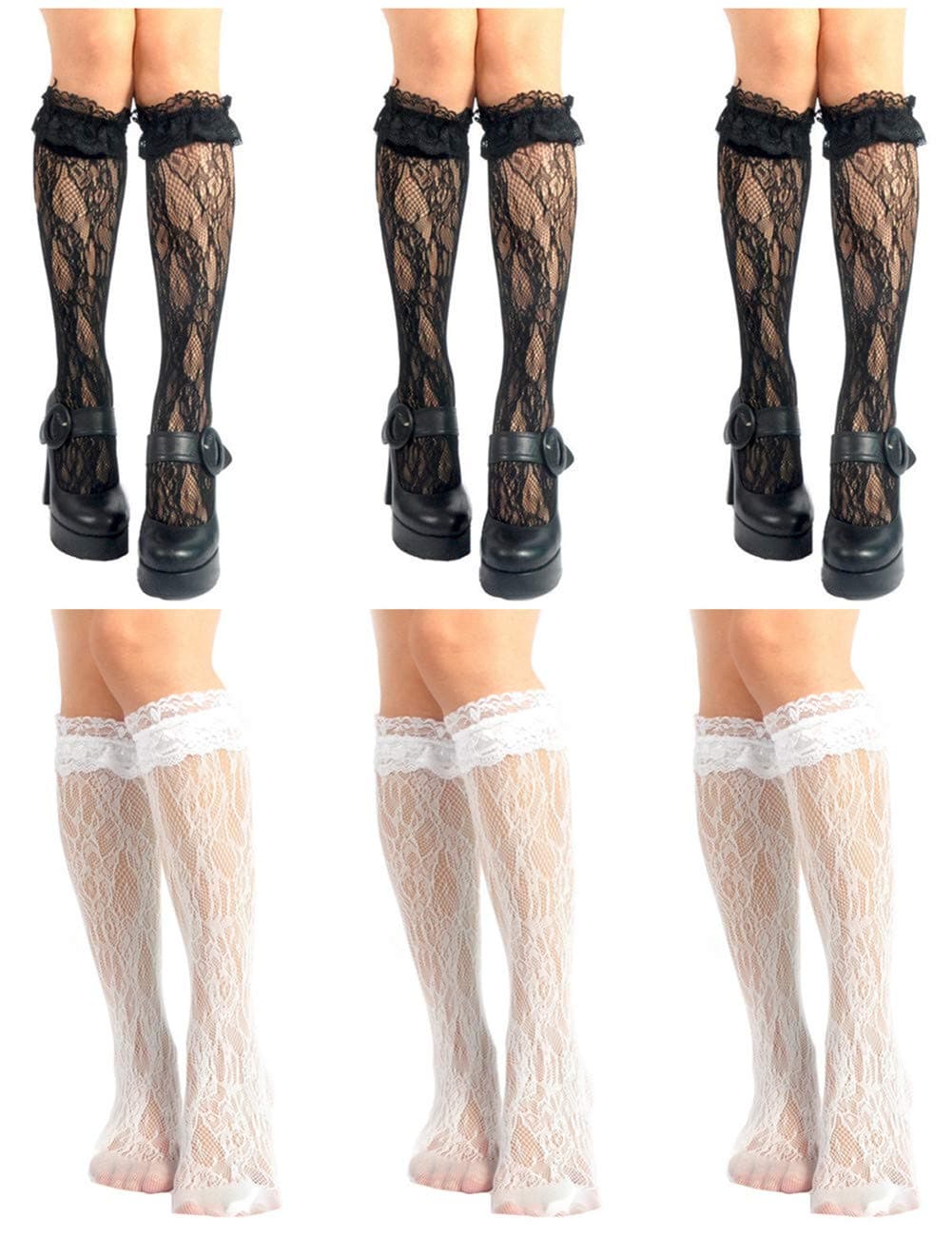AmuhouWomens Knee High Socks Girl's Lace Fishnet Patterned Stockings Loose Socks