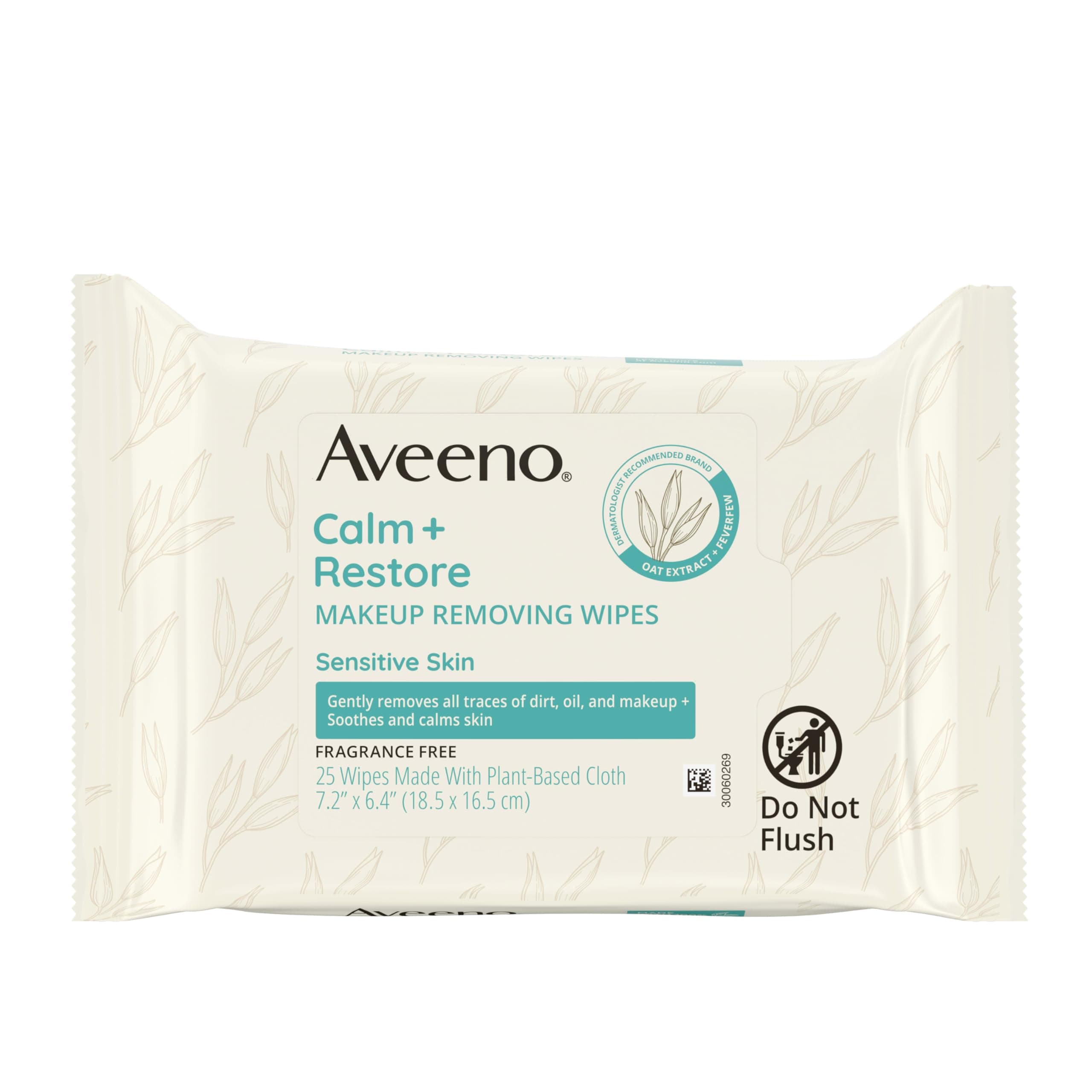 Aveeno Calm + Restore Nourishing Makeup Remover Face Wipes, Fragrance Free Facial Cleansing Towelettes with Oat Extract & Calming Feverfew, Alcohol Free, 100% Plant-Based Cloth, 25 ct