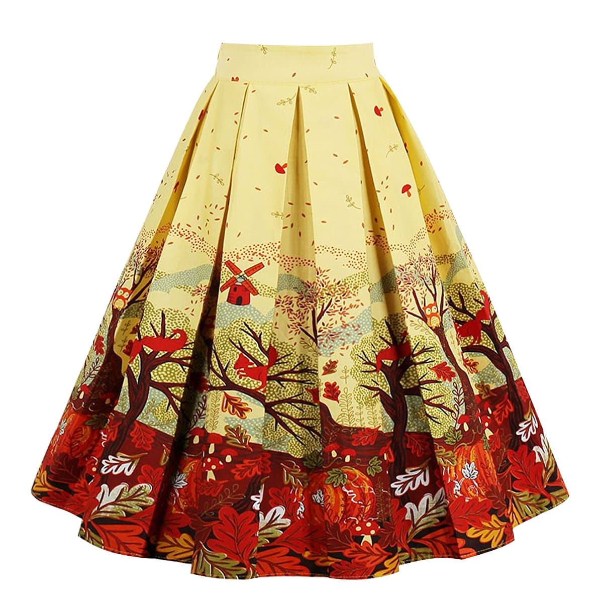 Girstunm Women's Pleated Vintage Skirt Floral Print A-line Midi Skirts with Pockets