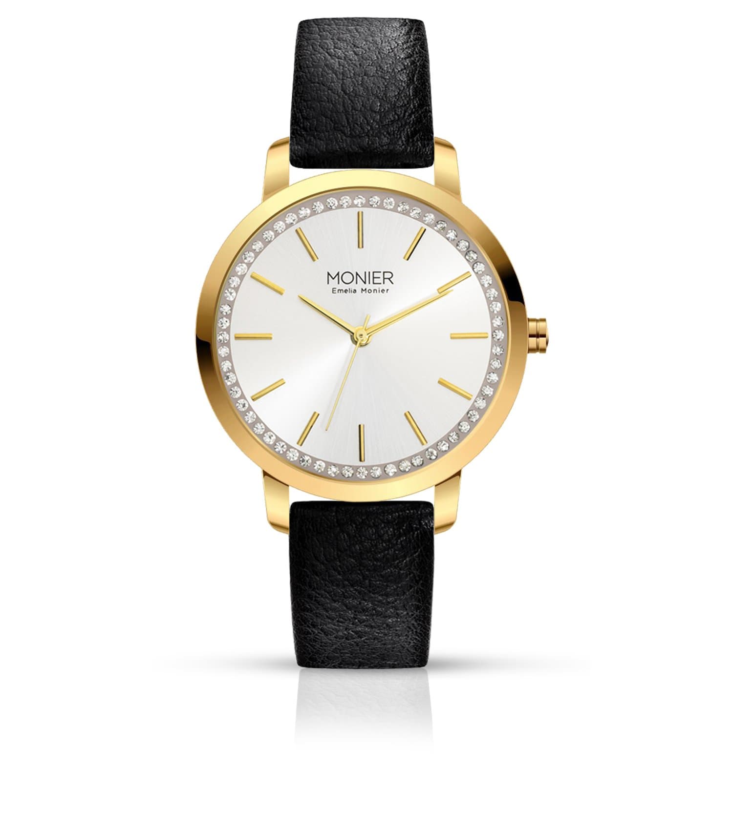 Sparkling Circle Gold Tone Women's Watch with Silver Tone Sunray Dial and Black Leather Strap EML002-02BL