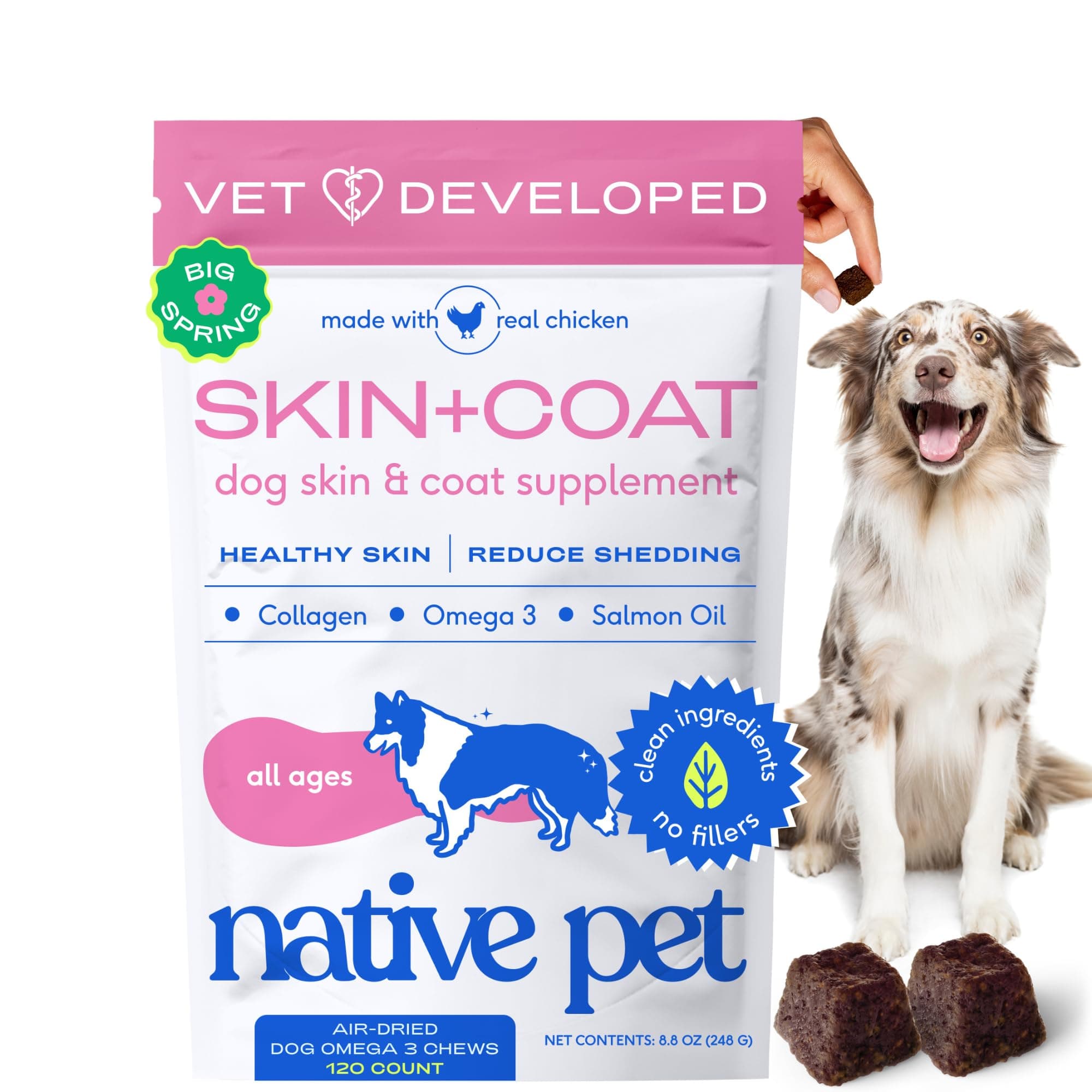 Omega Skin and Coat Chews for Dogs - Dog Skin and Coat Supplement for Healthy, Shiny Fur, Reduce Shedding and Dry Spots - Made with Omega 3 Fish Oil and Wild-Caught Salmon Oil - 120 Chews