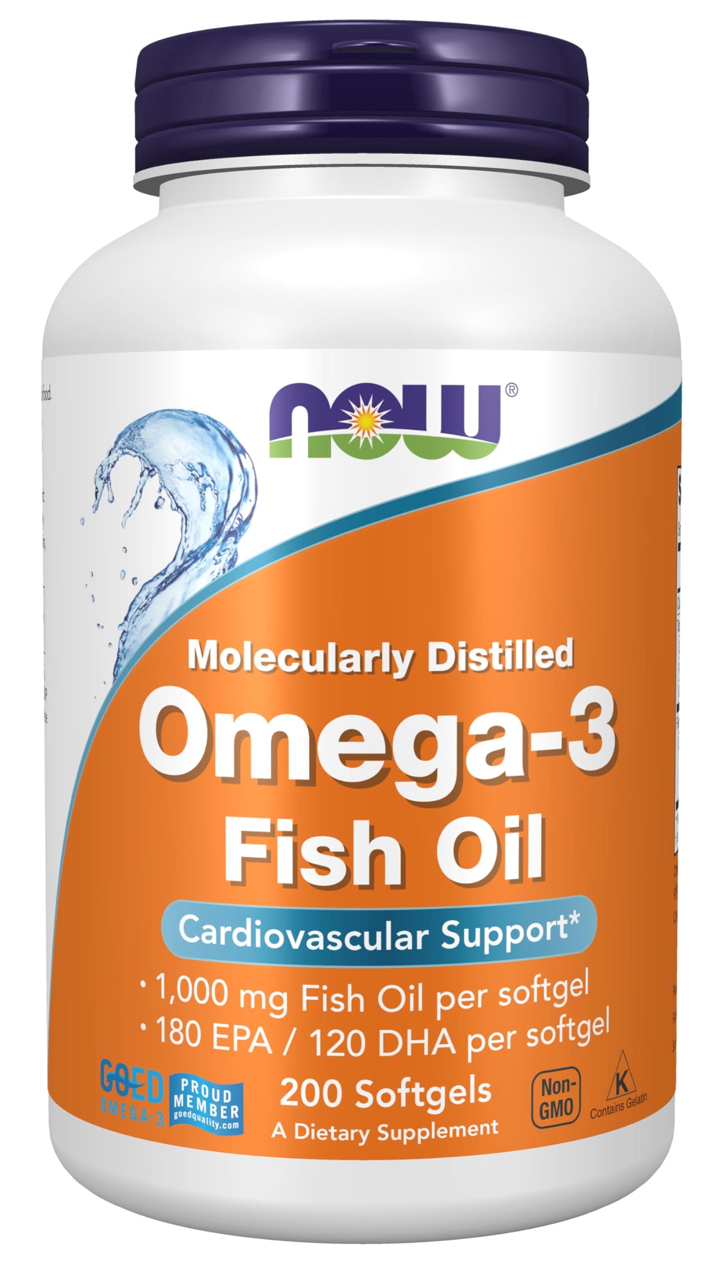 Supplements, Omega-3 180 EPA / 120 DHA, Molecularly Distilled, Cardiovascular Support*, 200 Softgels