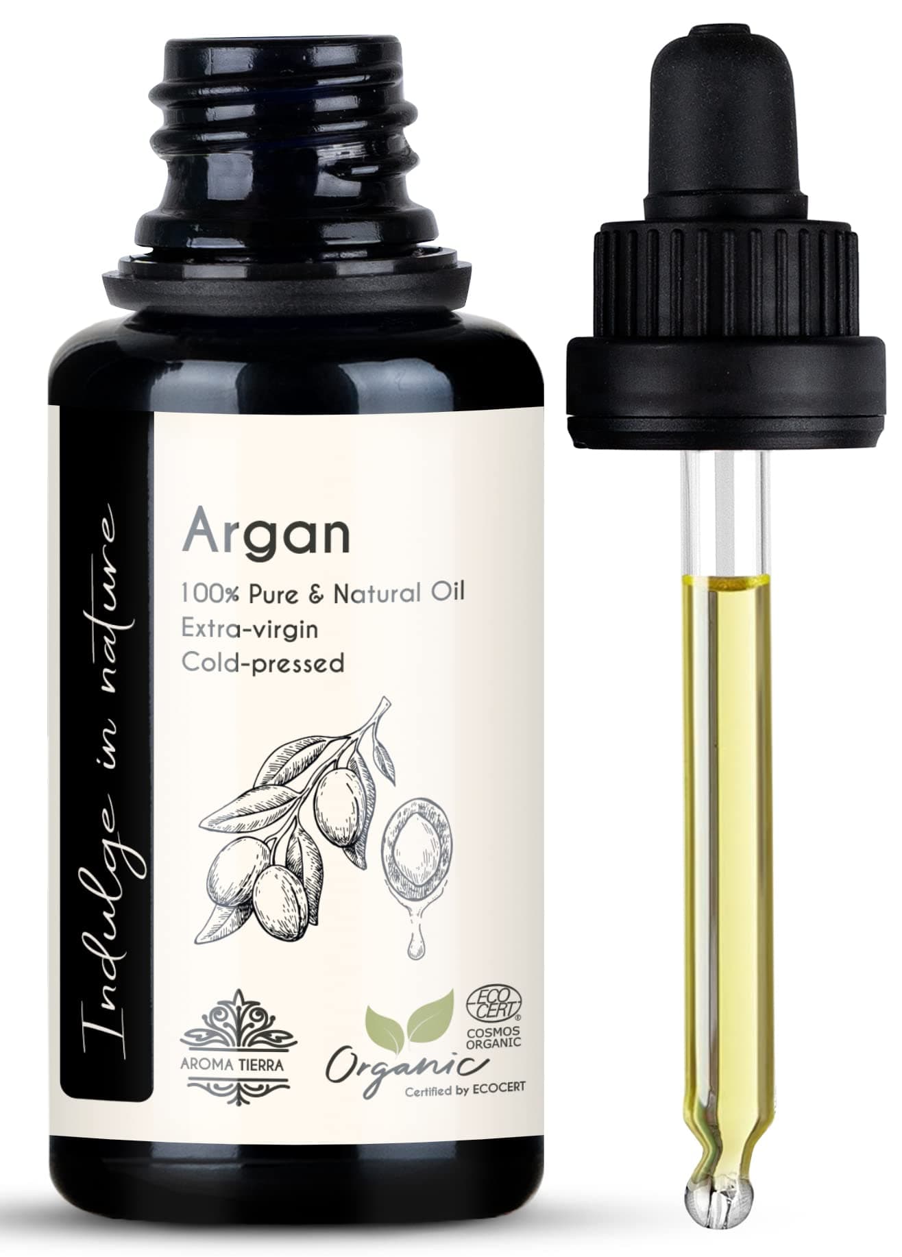 Aroma Tierra Argan Oil Moroccan - 100% Pure, Organic, Cold Pressed - For Hair Growth, Frizz, Face, Skin, Body, Nails & Cuticles - 30ml