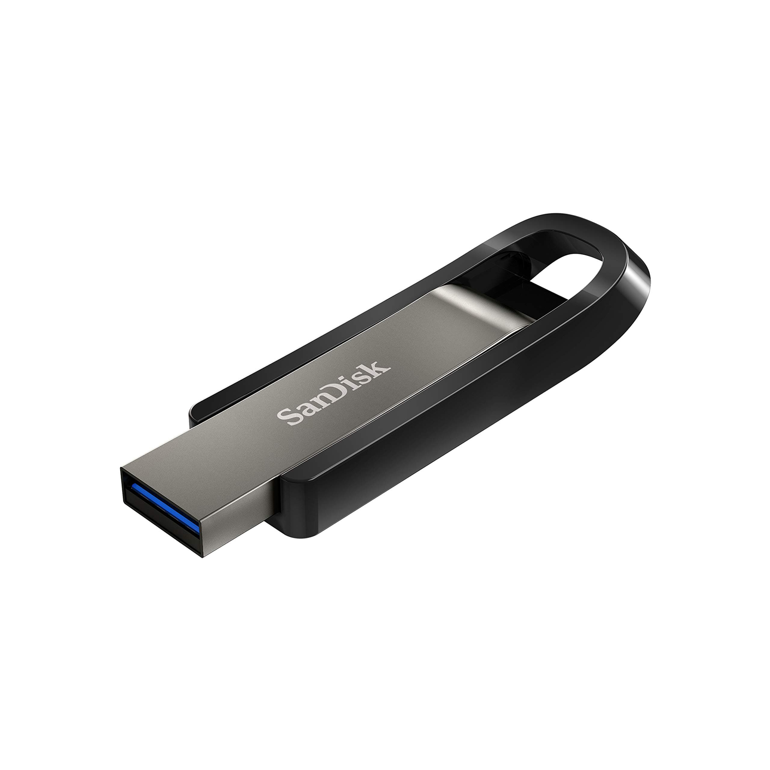 64GB Extreme Go USB 3.2 Flash Drive, High speed USB, up to 395 MB/s read speeds, up to 100 MB/s write speeds, SanDisk Secure Access, RescuePRO data recovery software, durable casing