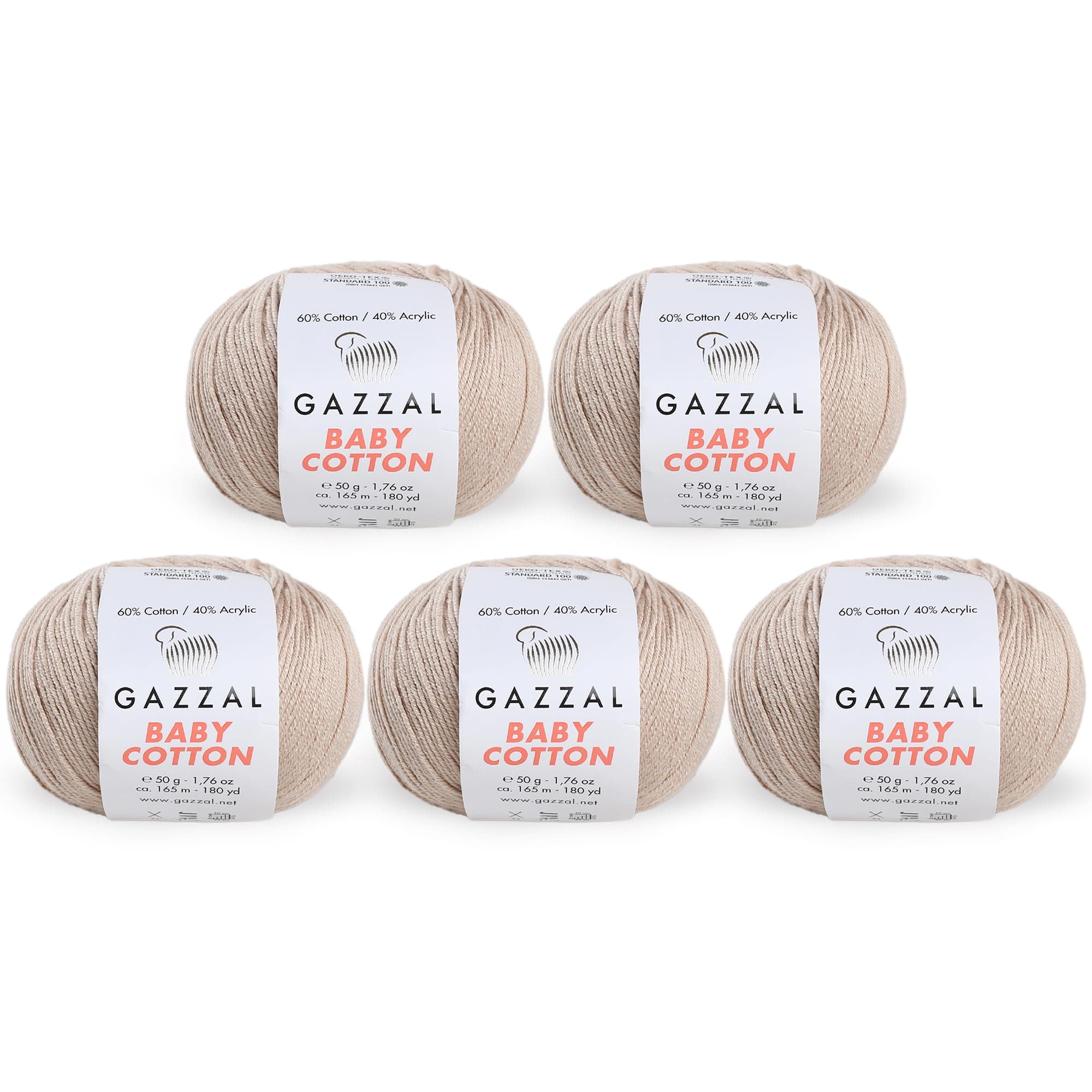5 Skein (Pack) Total 8.8 Oz. Gazzal Baby Cotton Each 1.76 Oz (50g) / 150 Yrds (165m) Soft, Fine Baby Yarn, 60% Cotton, Beige - 3446