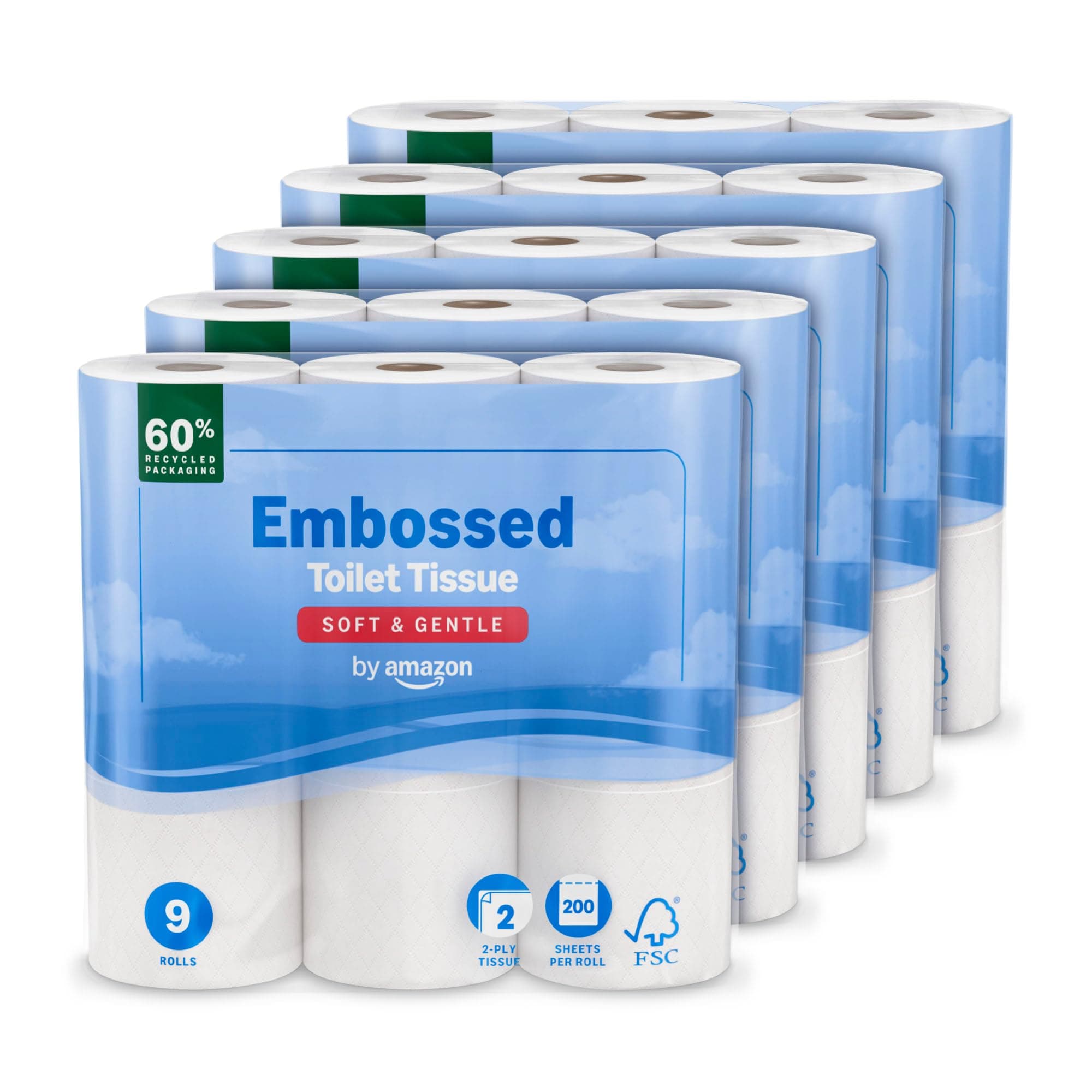 by Amazon Toilet Roll, 2-Ply Embossed, Soft and Gentle, 45 Rolls (5 Pack of 9), 200 Sheets per Roll, FSC Certified