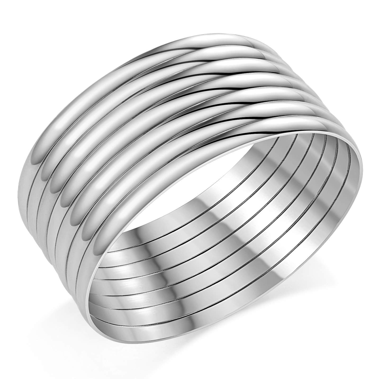 Glossy Plain Stainless Steel Bangle Bracelets Set for Women, Silver, Set of 7 Pieces