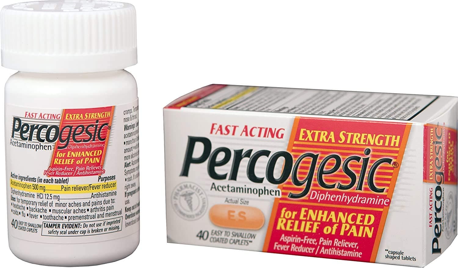 Percogesic Aspirin Free Pain Relief Tablets, Extra Strength, Acetaminophen and Diphenhydramine, 40 ct (Pack of 1)