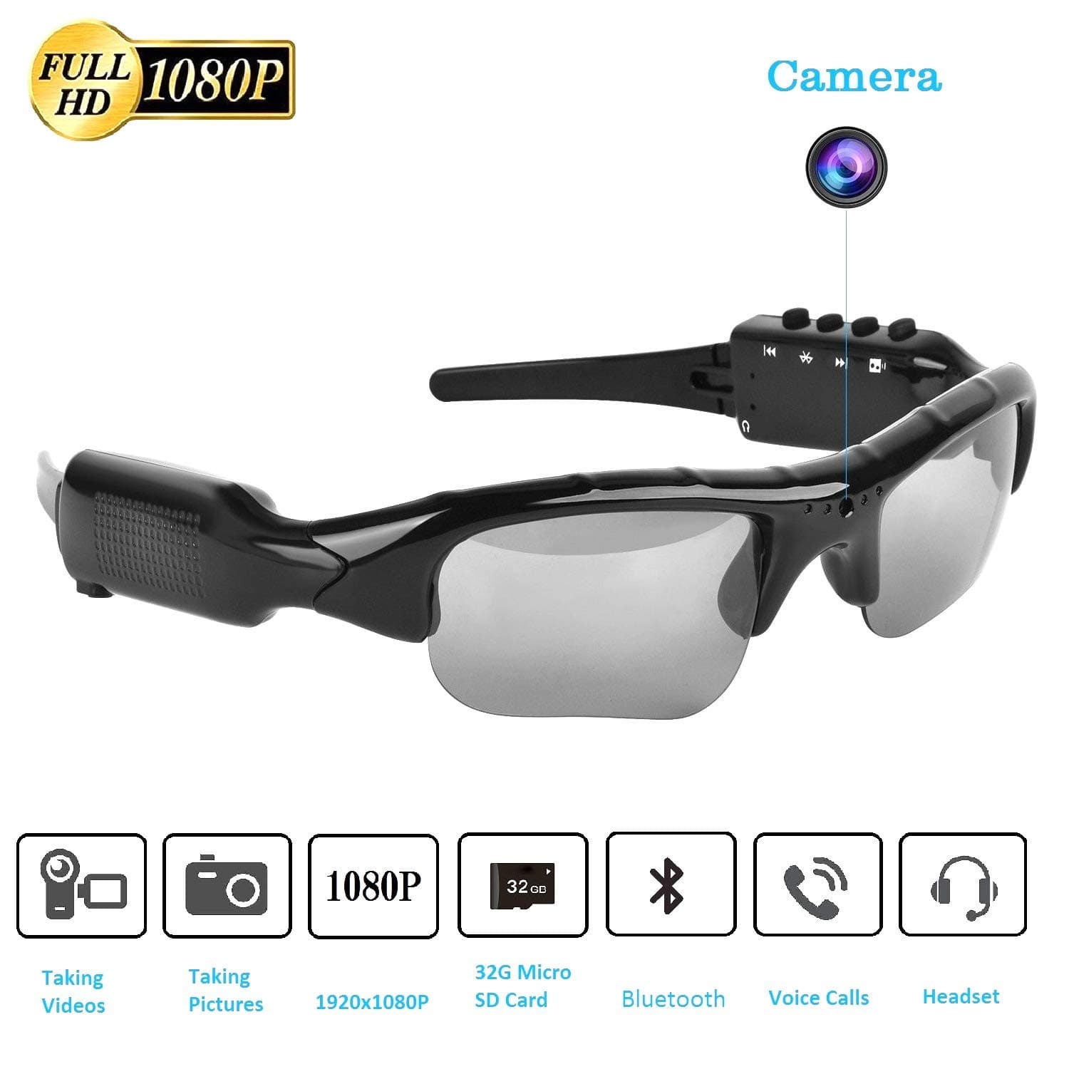 SMSELER Bluetooth Sunglasses Camera,Full HD 1080P with 65 Degree Angle Mini Camera for Outdoor Sports.