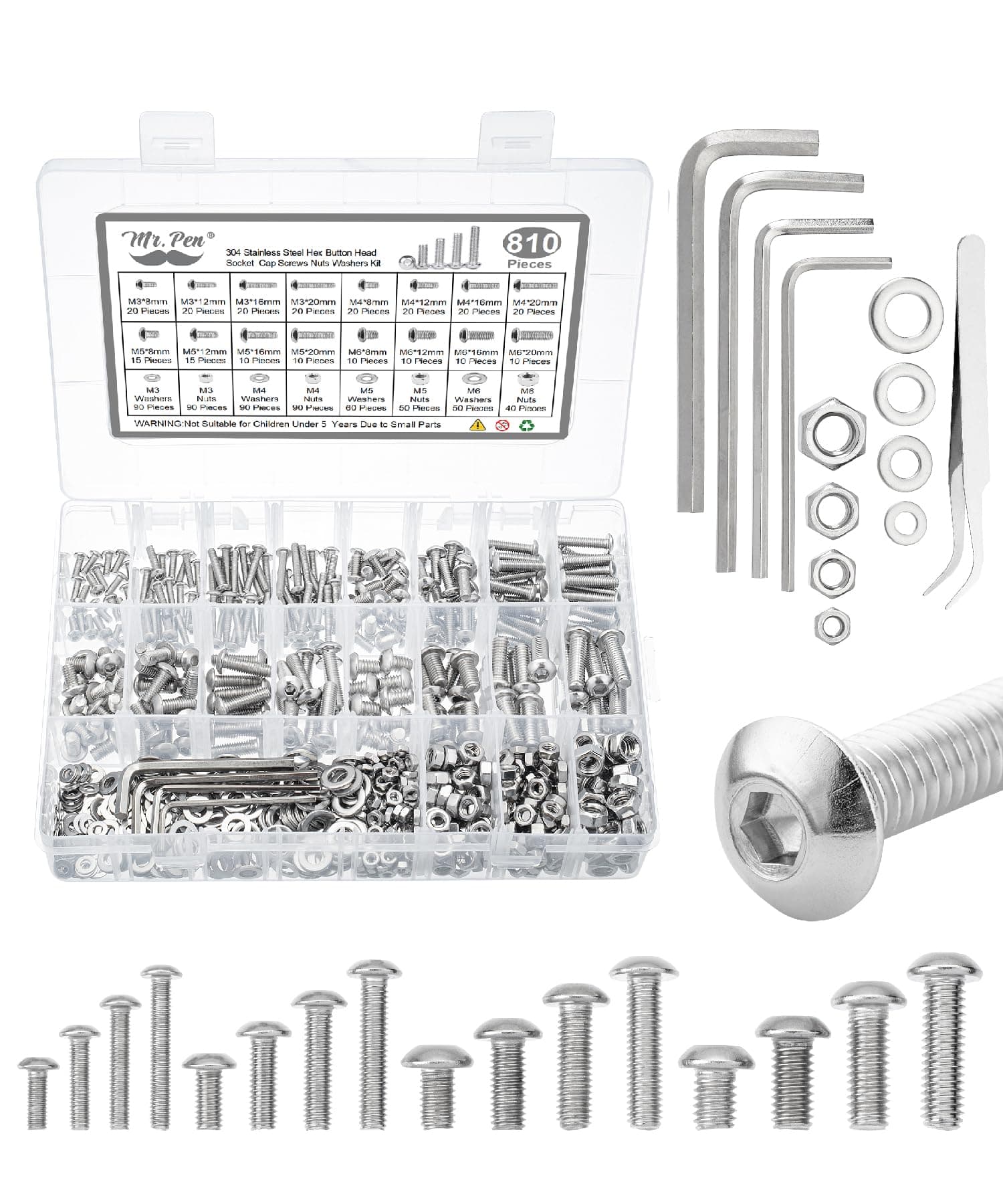 Mr. Pen- Nuts and Bolts Assortment Kit, 810 pcs, Stainless Steel, M3 M4 M5 M6 Button Head Socket Cap Screws Assorted Nuts and Bolts, Nut Bolt and Washer Assortment, Bolt and Nut Assortment