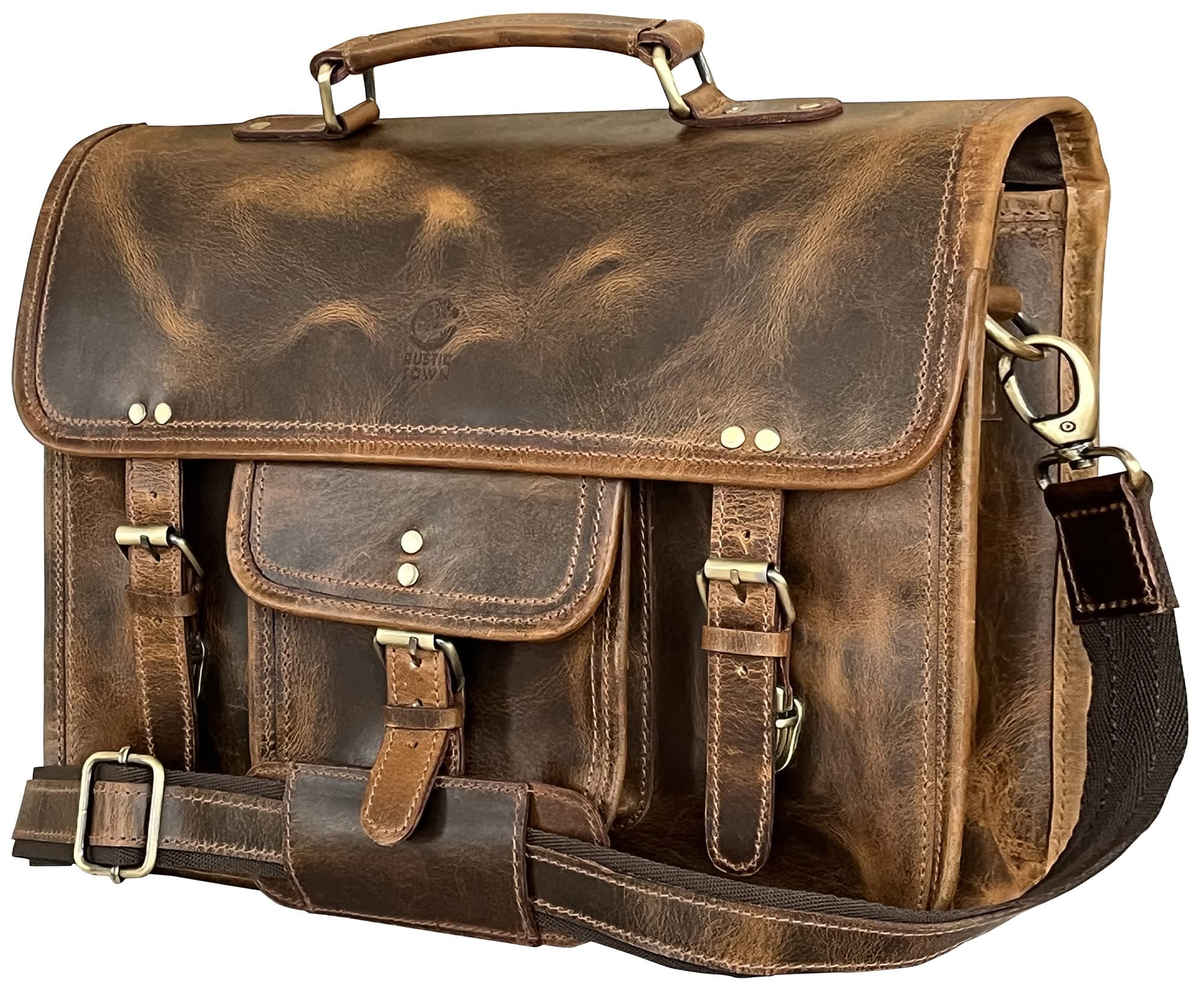 Rustic Town Leather Laptop Bag for Men - Top Grain Messenger Shoulder Computer Bag Vintage Satchel Briefcase Designer School College Office Bag