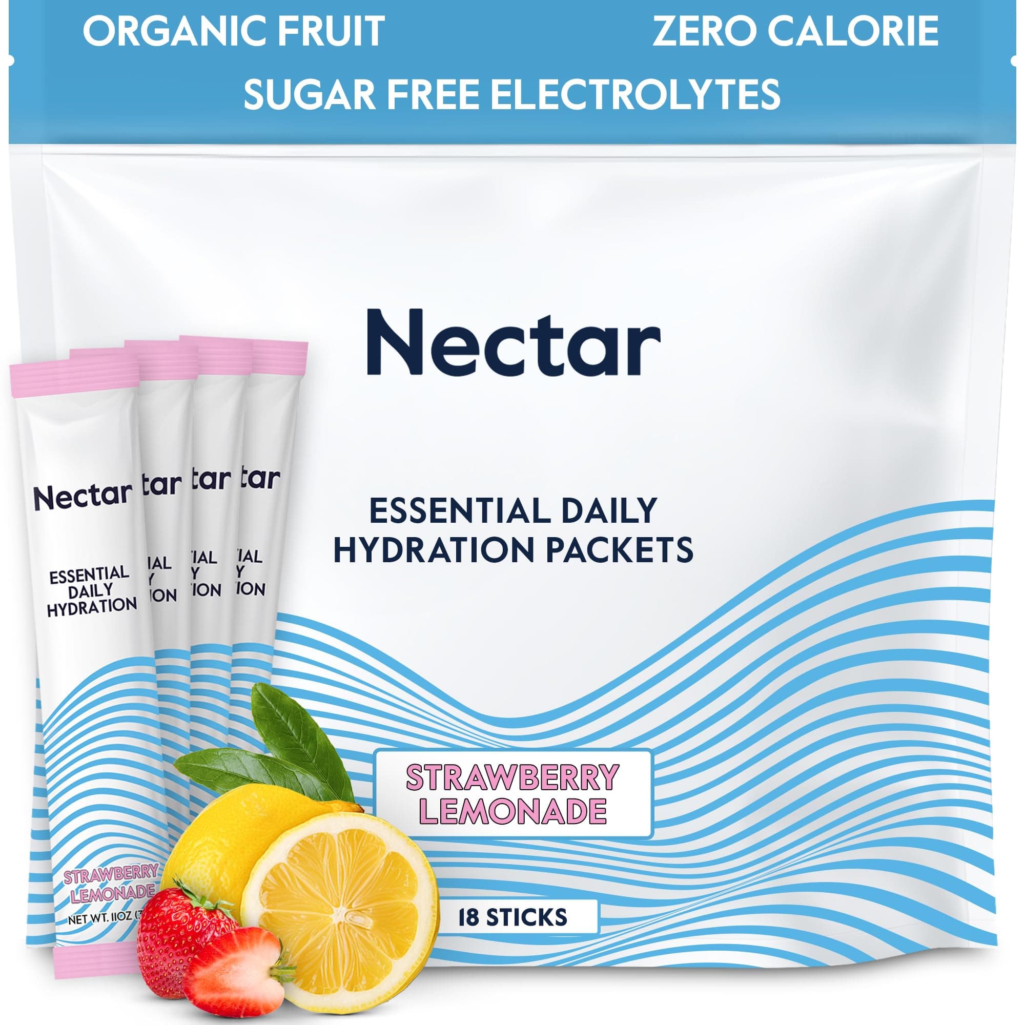 Nectar Hydration Packets - Electrolytes Powder Packets - No Sugar or Calories - Organic Fruit Liquid Daily IV Hydrate Packets for Dehydration Relief & Rehydration (Strawb. Lemon 18 Pack)