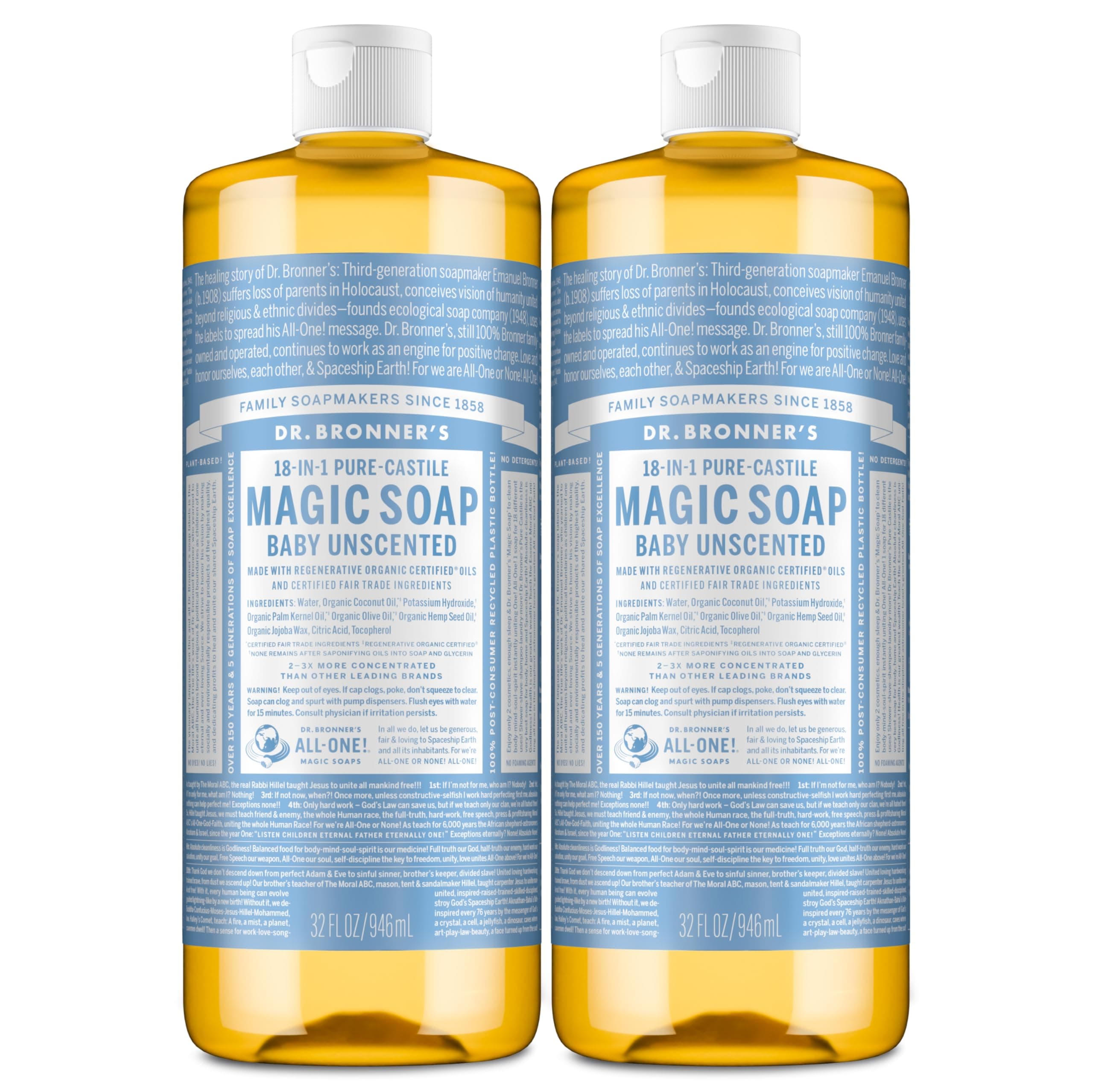 Magic Soaps Pure-Castile Soap, 18-in-1 Hemp Unscented Baby Mild, 32-Ounce Bottles (Pack of 2)