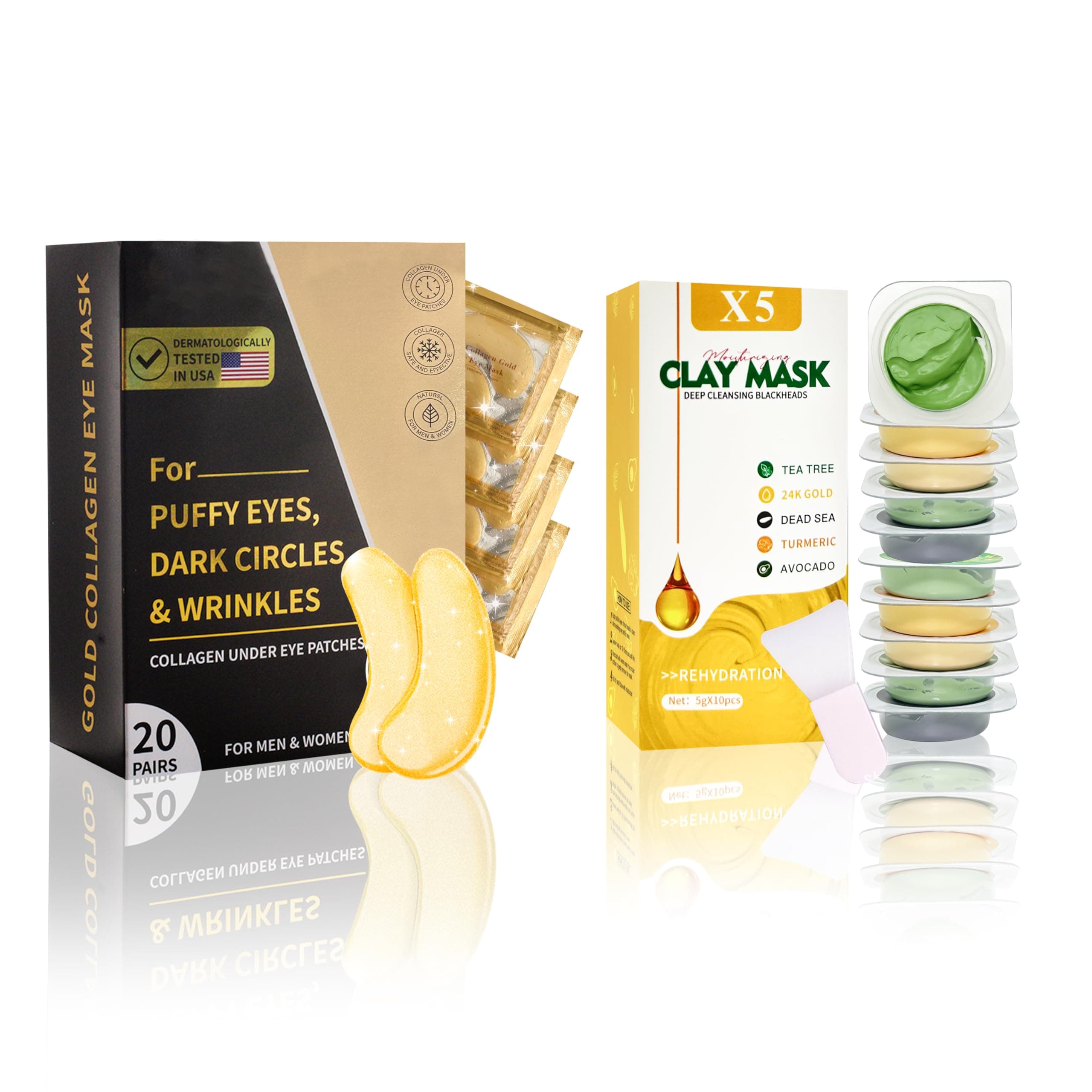 Clay Mask Set (10 Pods) Gold Eye Patches (20 Pairs), Mud Mask Deep Pore Cleansing Acne Blackhead Removal, Eye Patches for Puffy Eyes Dark Circles, Men & Women Facial Mask Eye Masks Skin Care.