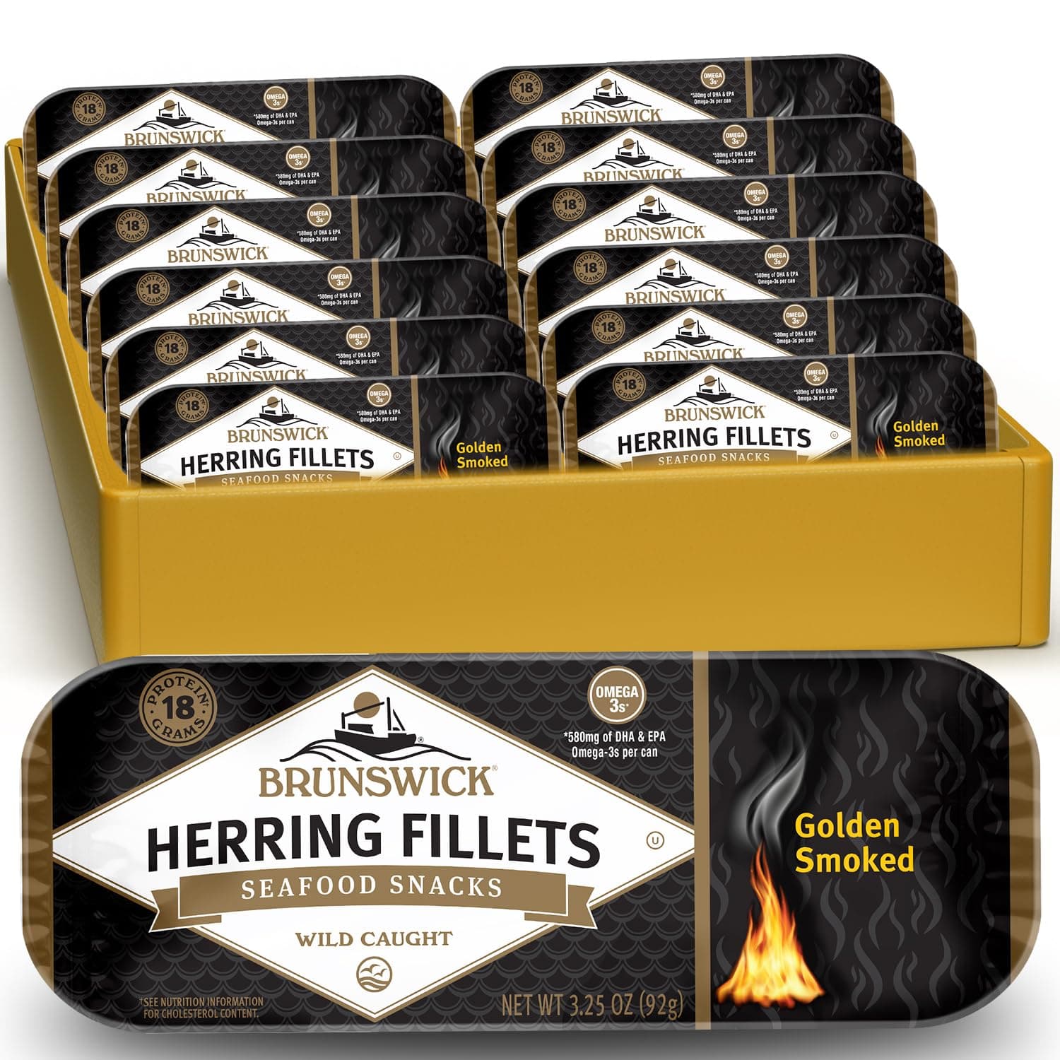 Brunswick Golden Smoked Herring Fillets, 3.25 oz Can (Pack of 12) - 18g Protein per Serving - Gluten Free, Keto Friendly - Great for Pasta & Seafood Recipes