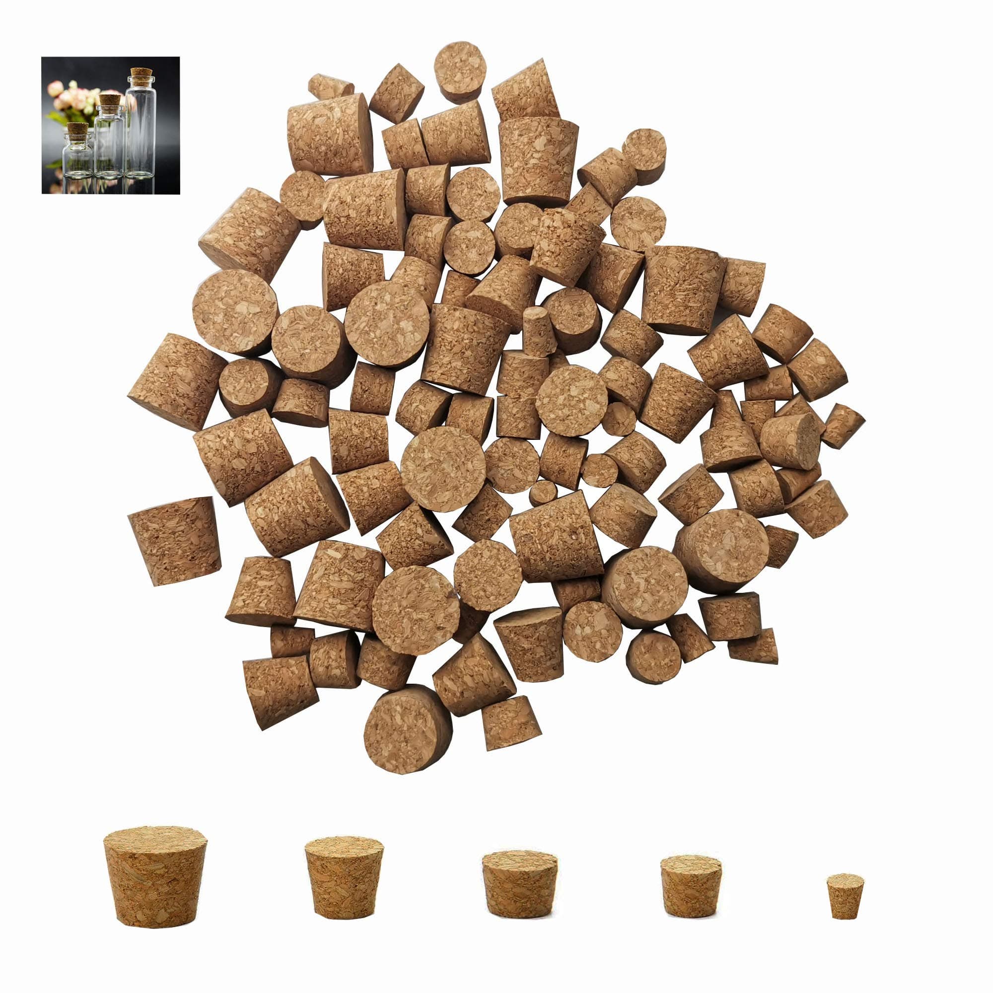 TOSPARTY Cork Stoppers - 100-Pack Mini, 5 Sizes, Tapered, Wood, White