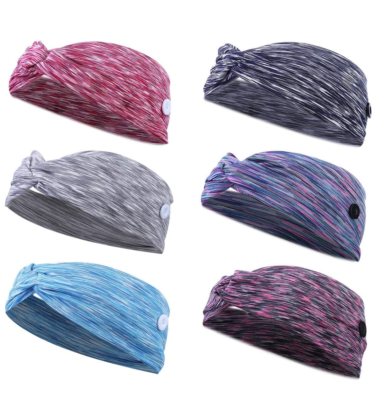 Florideco 6Pcs Headbands for Women Men Nurse Non Slip Headwrap with Button Multifunctional Hair Band Ear Protection Holder for Yoga Sports Outdoor Activities