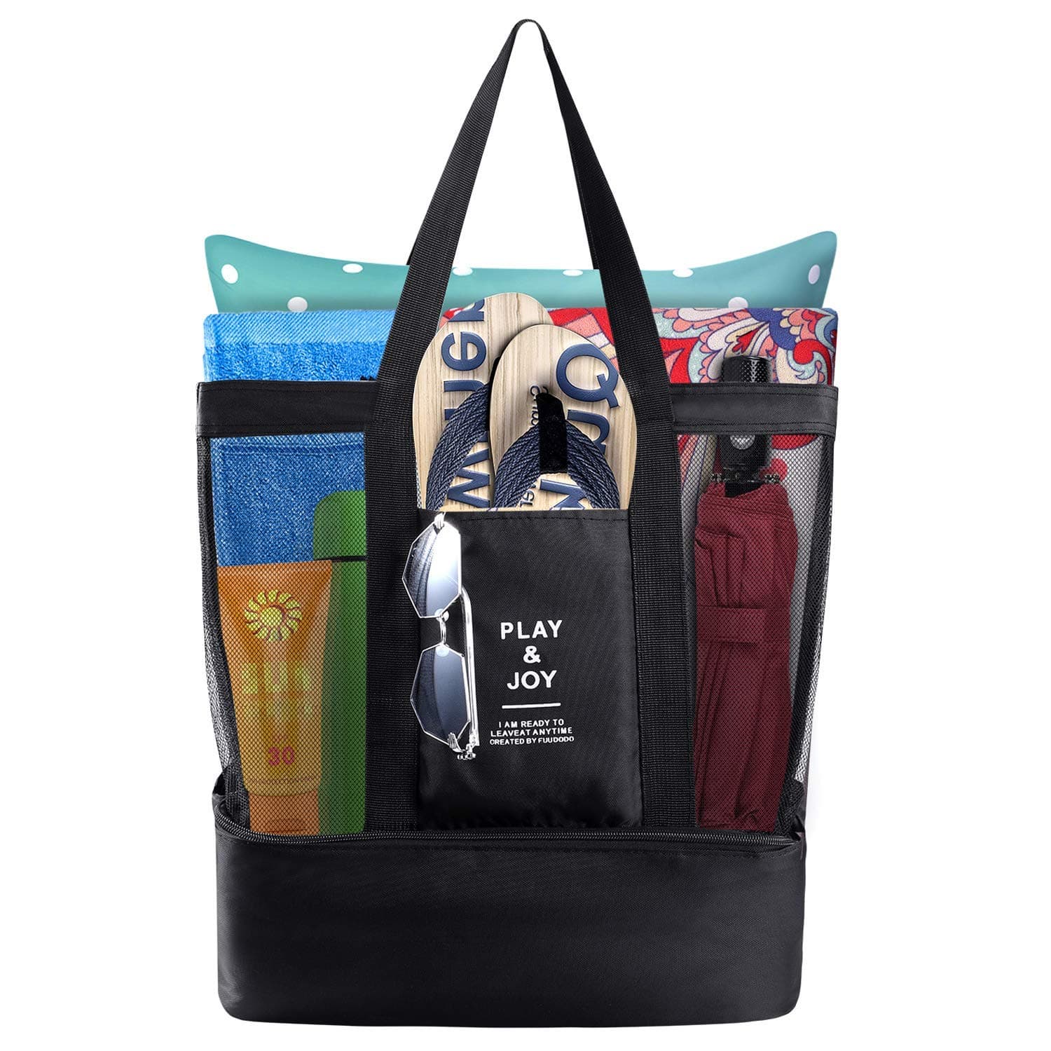 Spirit Light Large Mesh Beach Tote Bag with Insulated Picnic Cooler, Pool Bag Toys Tote Bag Travel Shoulder Bag for Kids Women Men (Black)