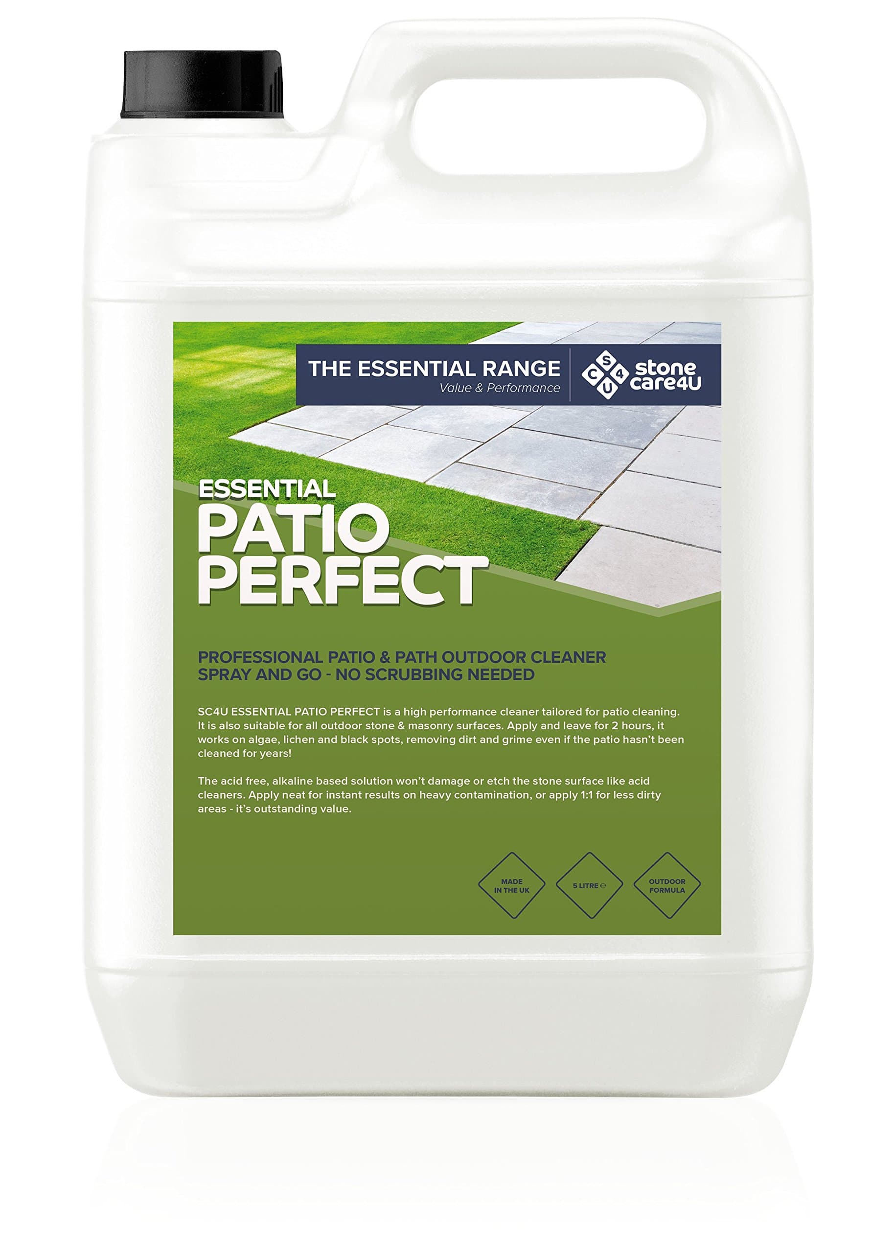 Stonecare4u - PATIO PERFECT - Non-Acid PATIO CLEANER - Removes, DIRT, GRIME and ALGAE Without Damaging NATURAL STONE, FLAGSTONES or CONCRETE PAVING - Simply Apply, Leave and Wash Away (5 Litre)