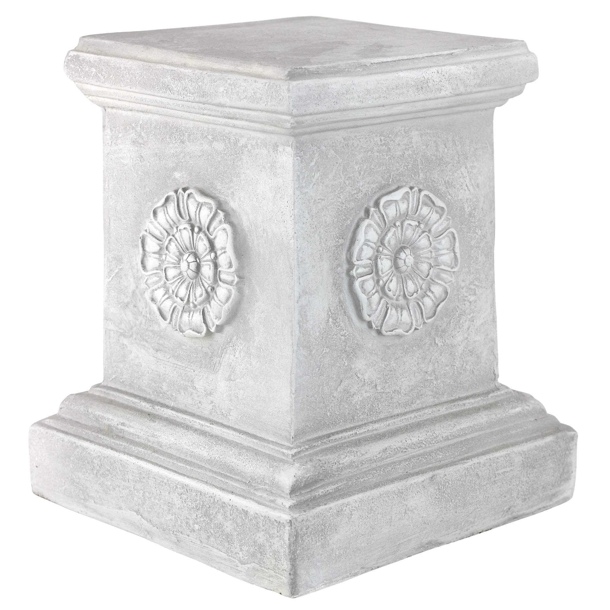 English Rosette Indoor/Outdoor Sculptural Garden Plinth Base Statue Riser, Large 13 Inch Tall, Cast Stone Resin, Antique Stone Finish