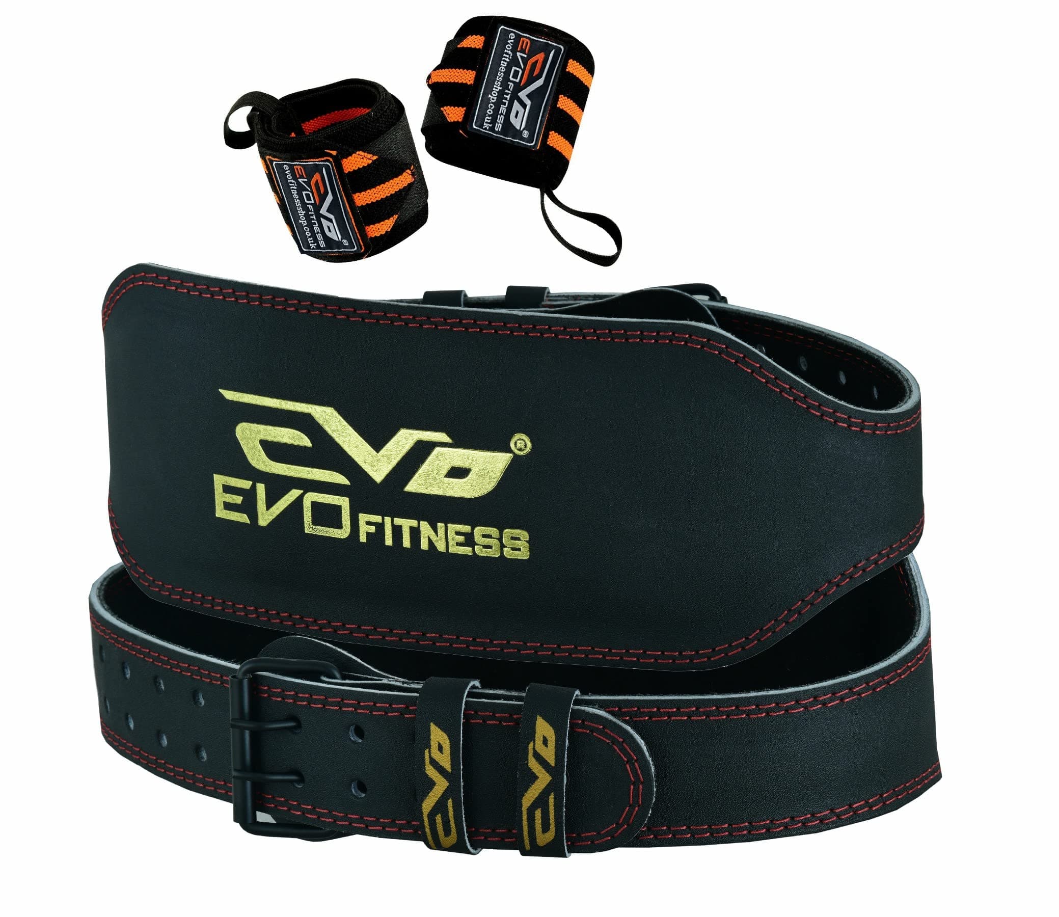 EVO Fitness 6” Matte Black Weight Lifting Belt With 18" Wrist Straps Gym Cowhide Leather Padded Lumbar Back Support Powerlifting Bodybuilding Workout Training Men Women