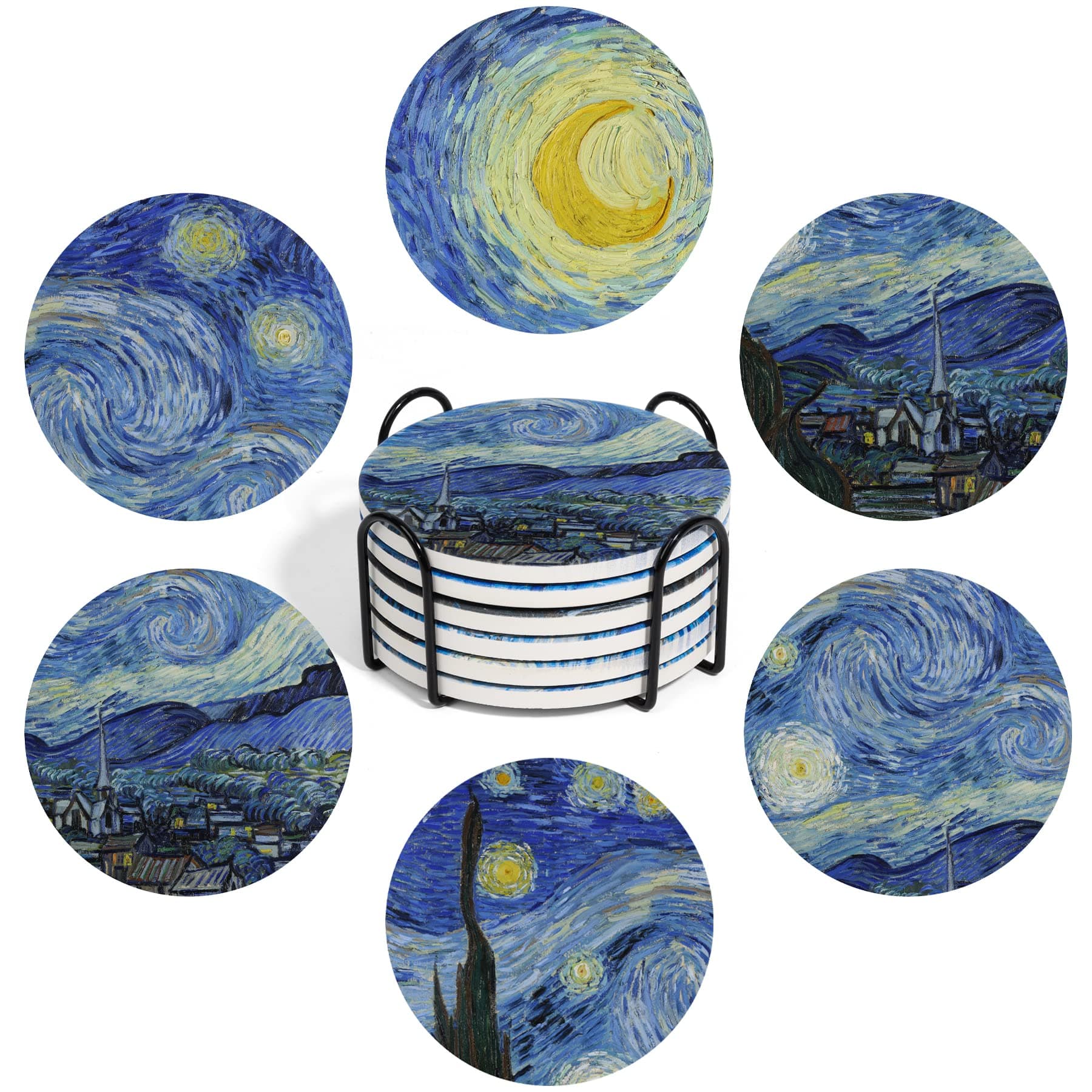 ComSaf Drink Coasters with Holder, Coasters for Drinks-Set of 6, Van Gogh Paintings Art Ceramic Coasters for Coffee Table Gifts Home Decor, Blue, 4 Inches
