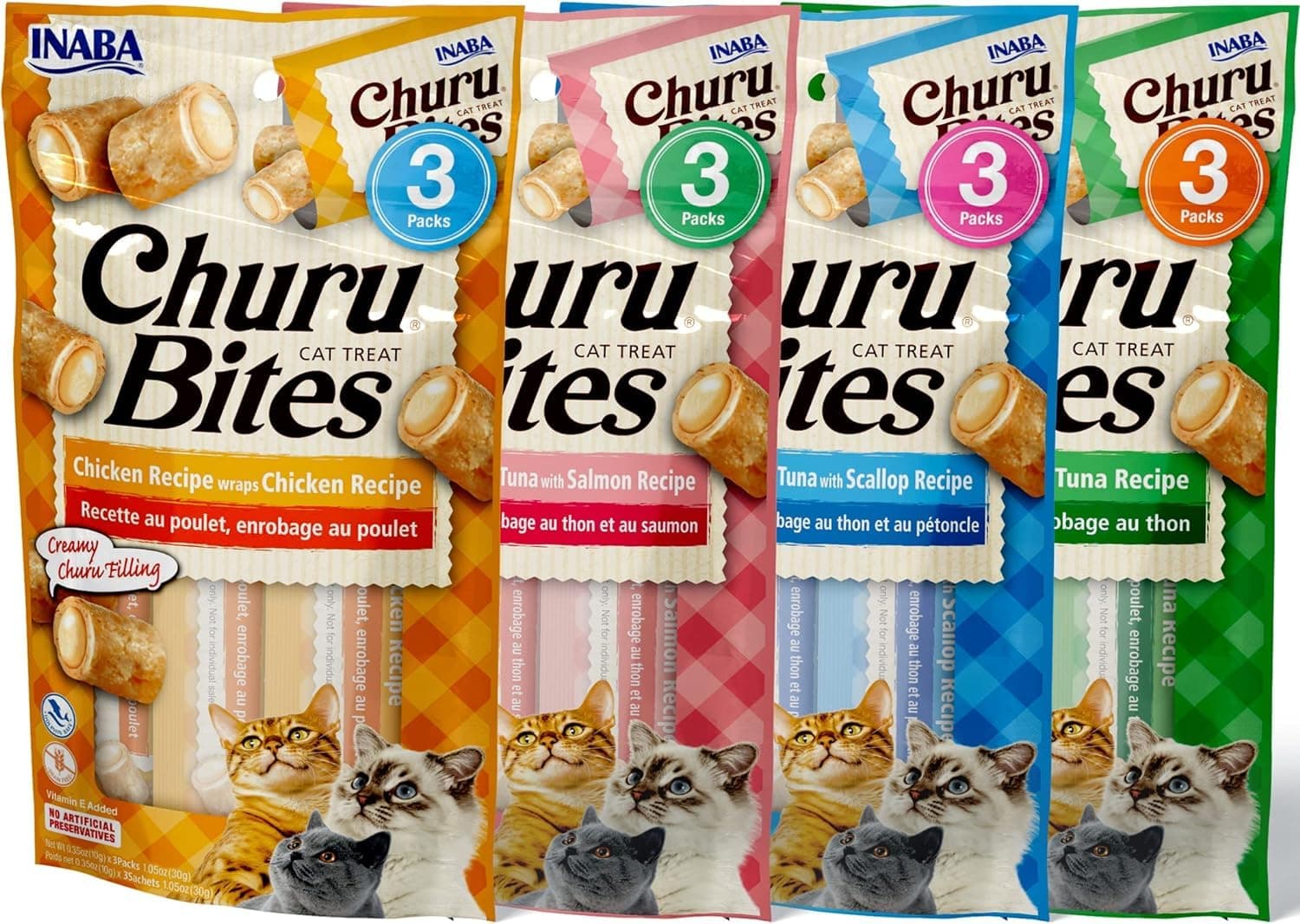Churu Bites for Cats, Soft Baked Chicken Churu Filled Cat Treats with Green Tea Extract, 0.35 Ounces Each Tube, 12 Tubes Total, 4 Flavor Variety
