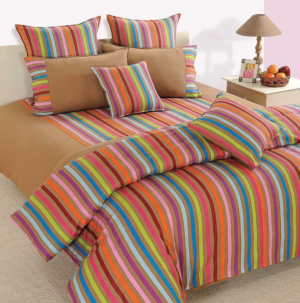 Swayam Linea Stripes Cotton Double Bedsheet with 2 Pillow Covers - Multi Beige Stripes
