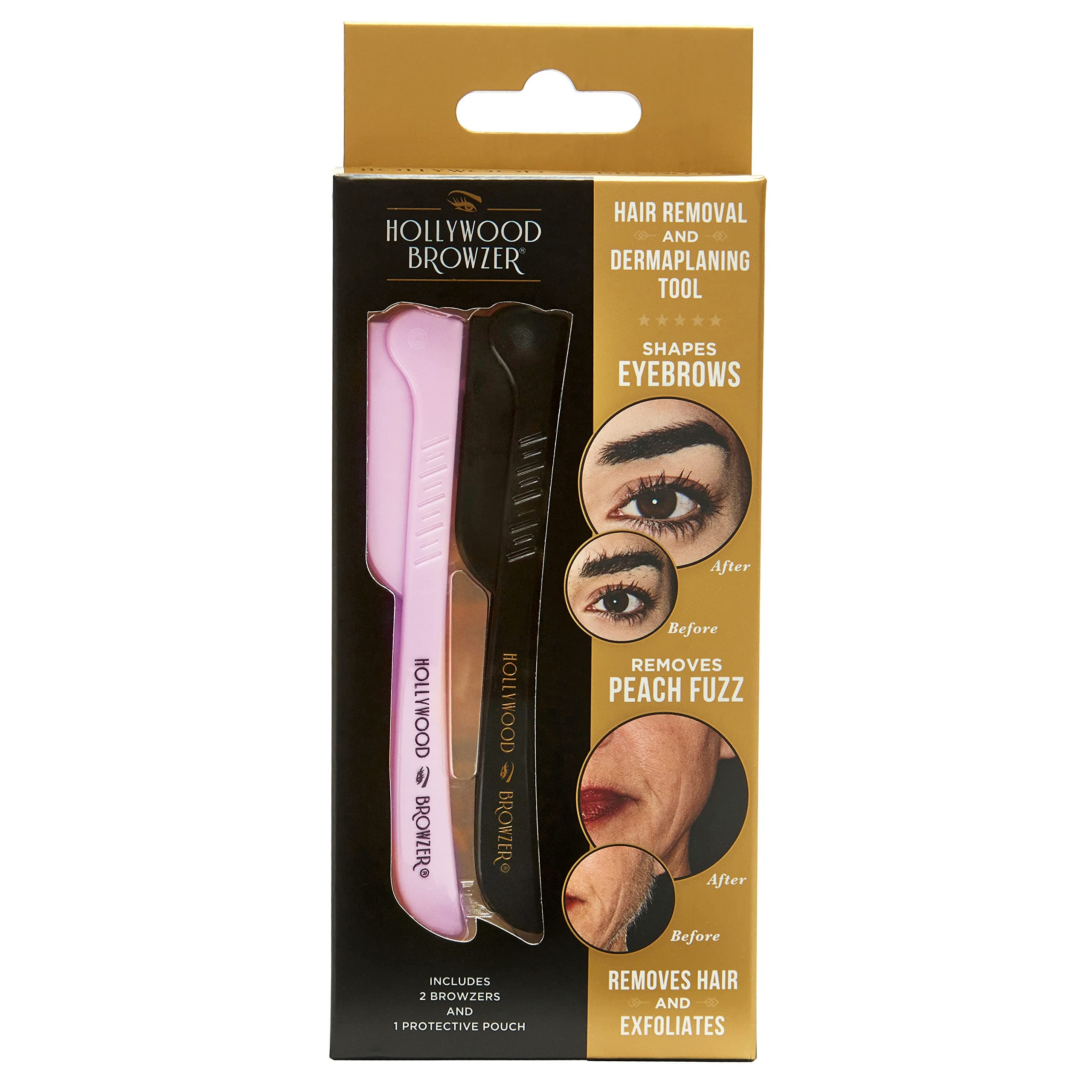 Hollywood Browzer Dermaplaning Tool for Face, Eyebrow Shaping, Removing Unwanted Hair, Exfoliating Tool for Women Duo Pack (Black & Pastel Pink)