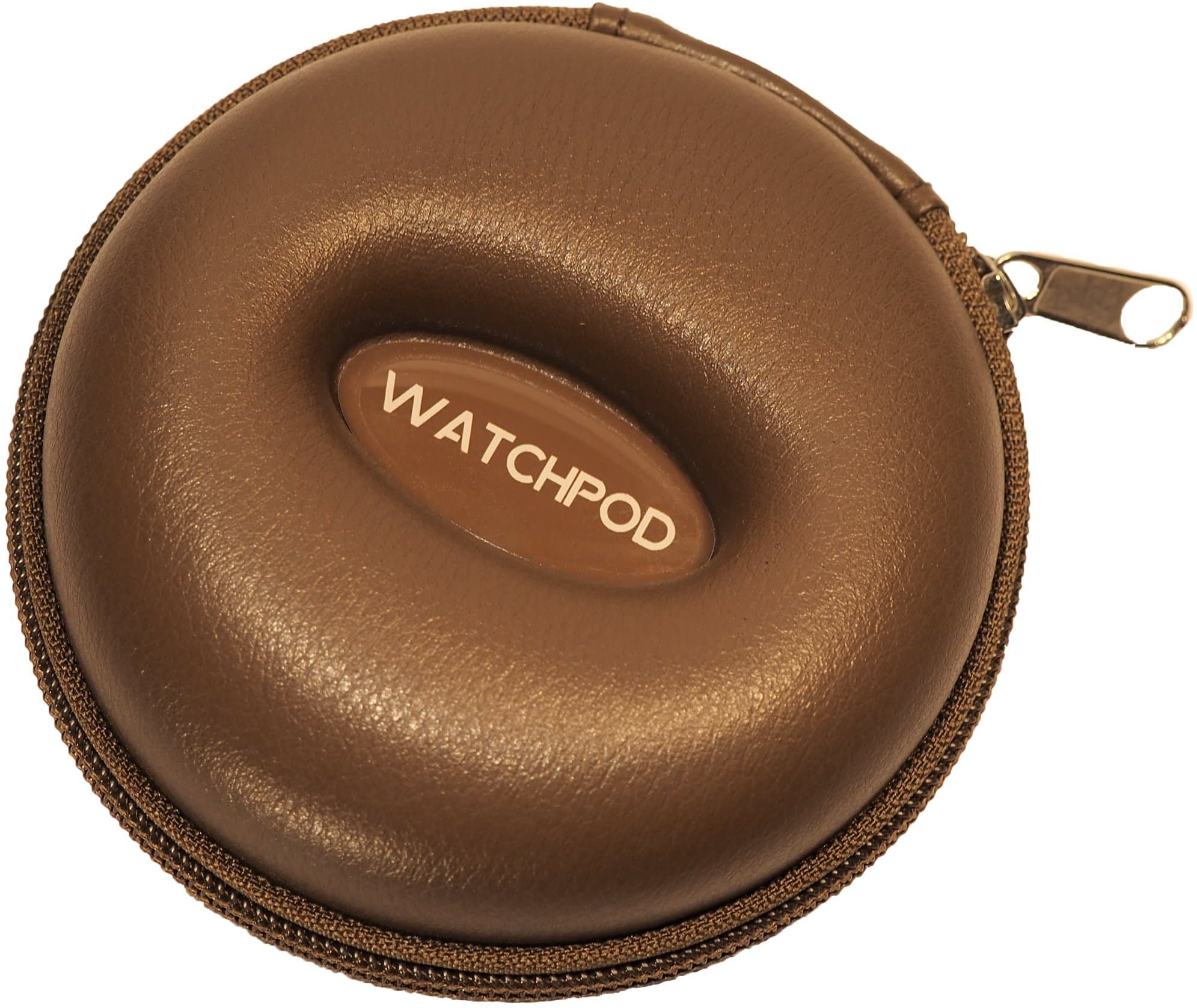 WATCHPOD Travel Watch Case, Single Watch Box w/Zipper for Storage, Cushioned Round and Portable, Fits all Wristwatches and Smart Watches up to 50mm, Leatherette (Brown)