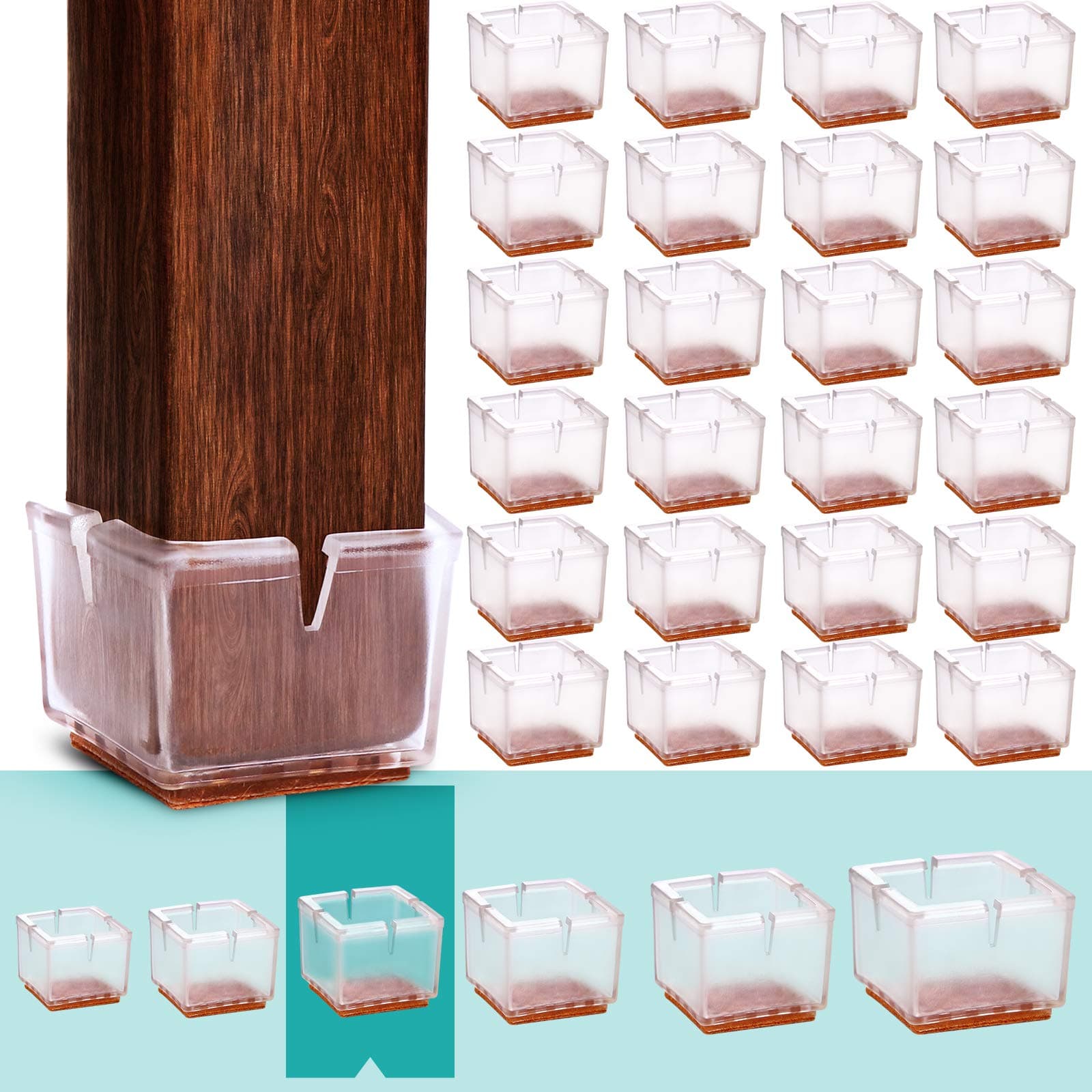 MelonBoat 24 Pack Chair Leg Floor Protectors, Fit Square Leg 1-1/2 to 1-5/8 inches, Chair Leg Caps with Furniture Felt Slider Glide Pads, A-SQ040, Fit Square Leg 1.55''-1.63''