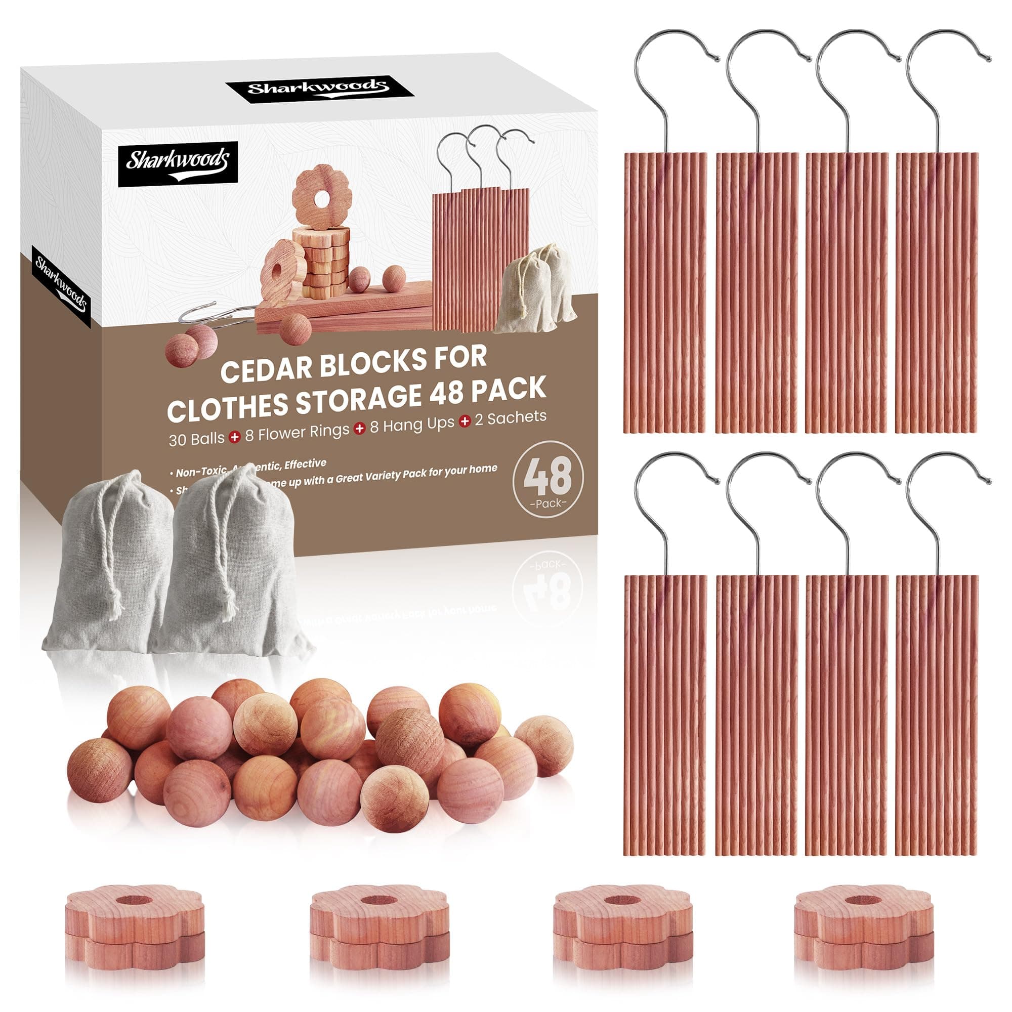 48 Cedar Blocks for Clothes Storage 100% Natural Cedar Hang Ups for Closets, Cedar Closet Freshener, Cedar Hangers for Closets, Aromatic Cedar Chips and Balls, Fresh Scented Sachets