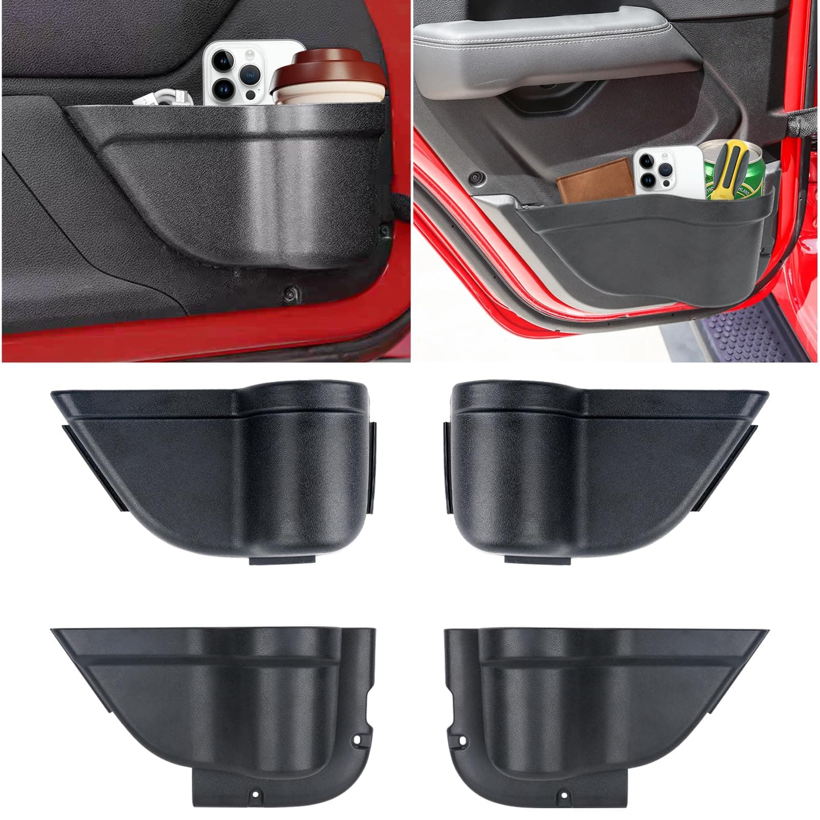 4PCS Front and Rear Door Storage Pockets for Jeep Wrangler JK Accessories 2011-2018, Black