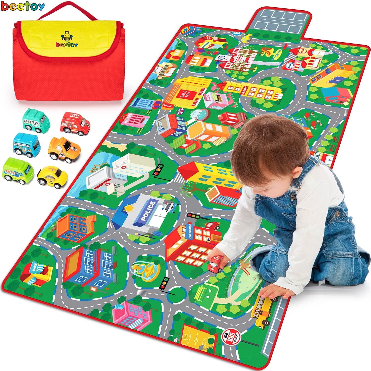 beetoy Car Rug, 31.5"X67" Play Mat with Roads for Kids - Portable, Anti-Slip, Educational City Life Traffic Carpet for 6 Toy Cars