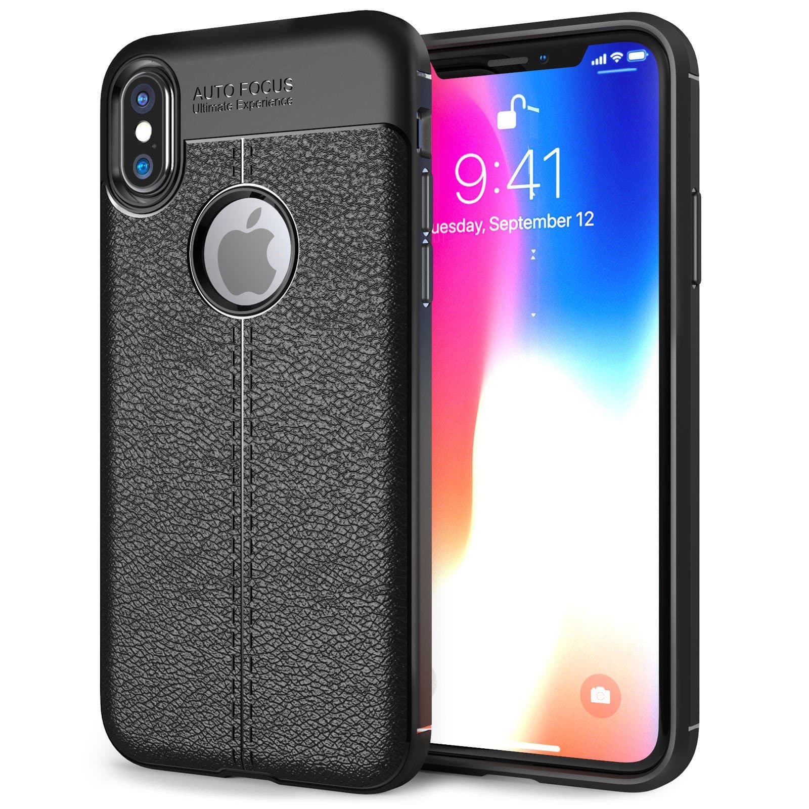iPhone X Case Black Silicone, TPU Gel Leather Back Effect Auto Focus Case Cover for Apple iPhone X, Lightweight Protective iPhone X TPU Cover - Slim